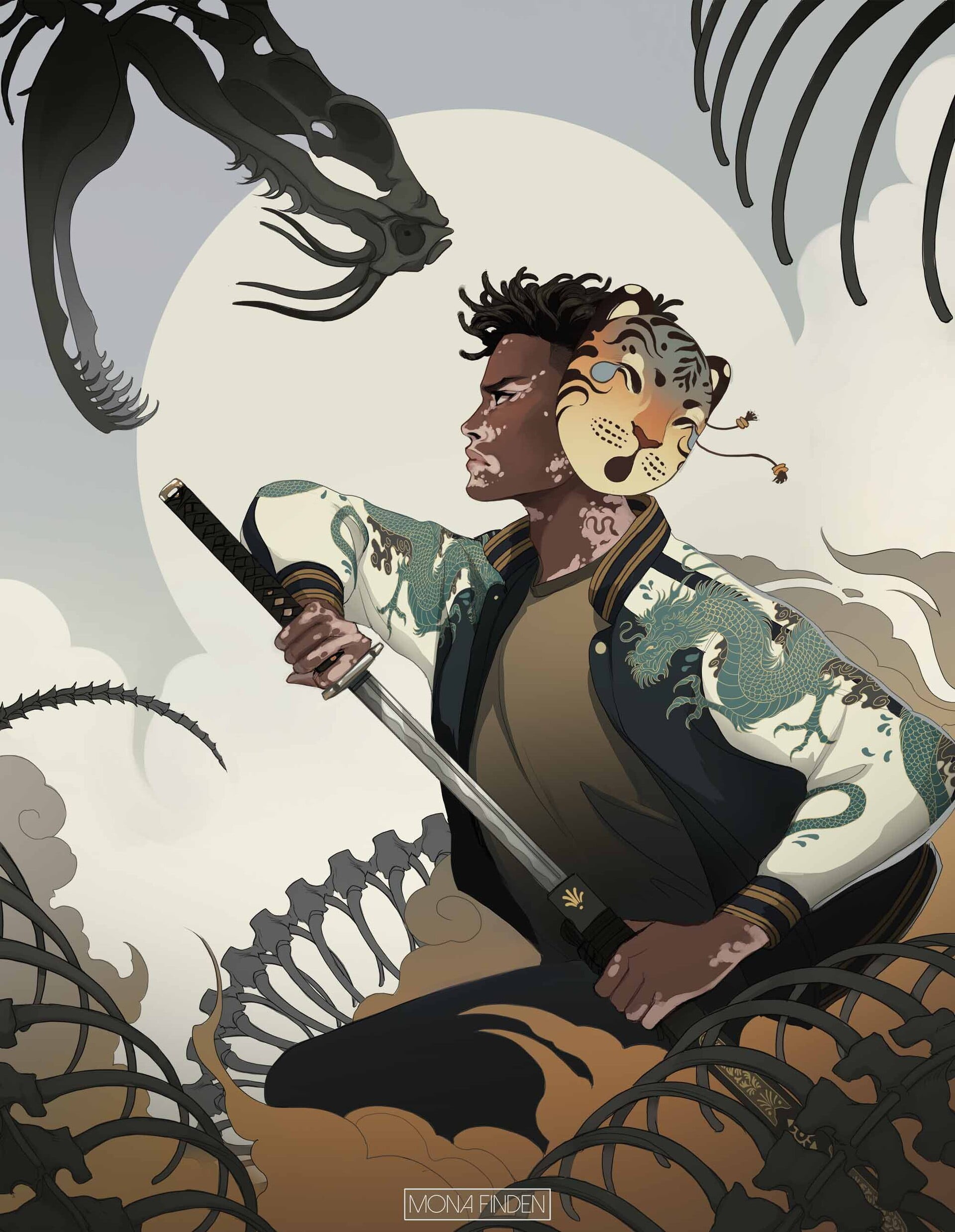 ArtStation, artwork, snake, clouds, 1080P, sword, digital art, illustration, mask, Mona Finden, Phone HD Wallpaper