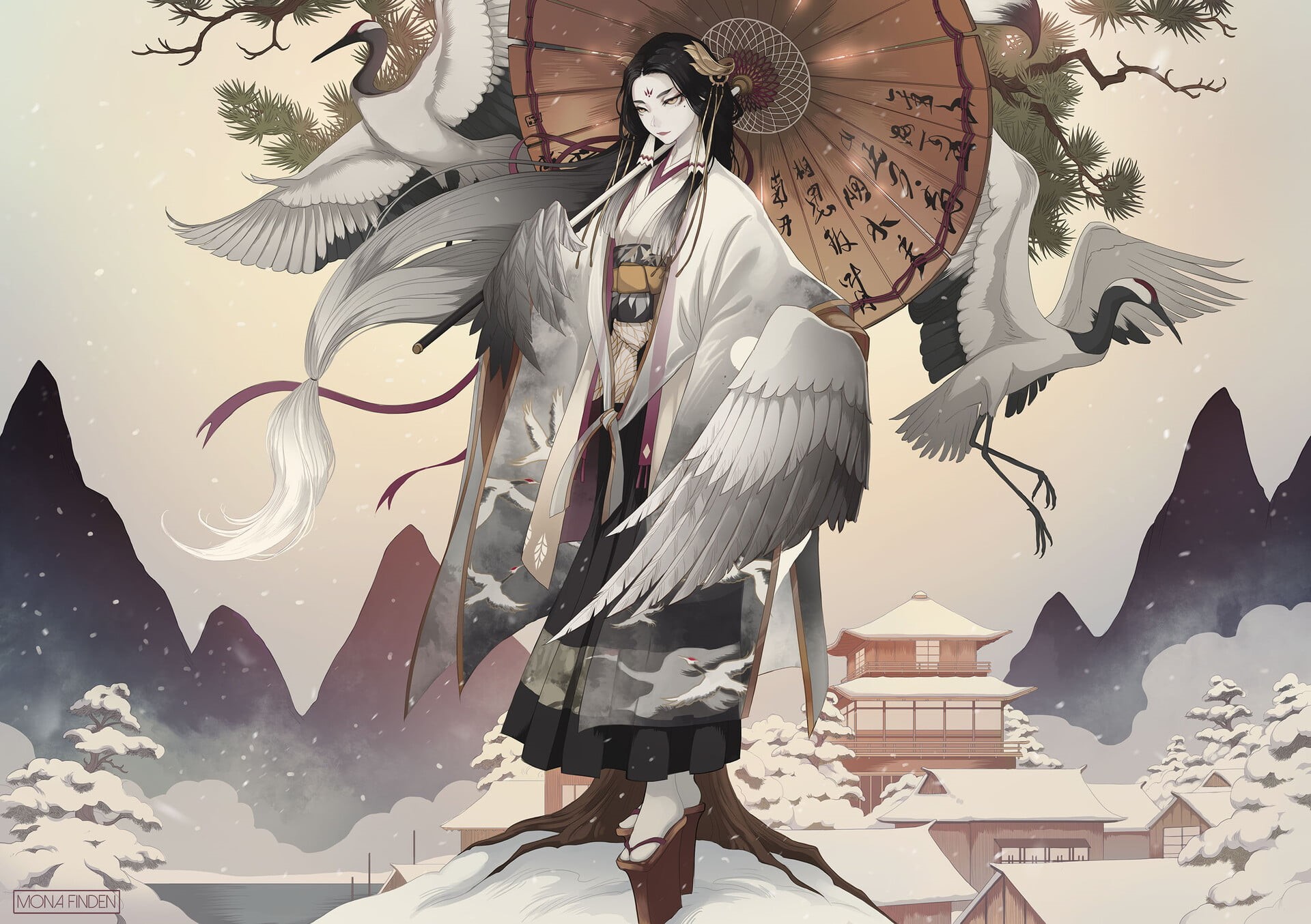 mountains, Mona Finden, cranes (bird), Asian architecture, digital art, 1080P, snow, HD Wallpaper