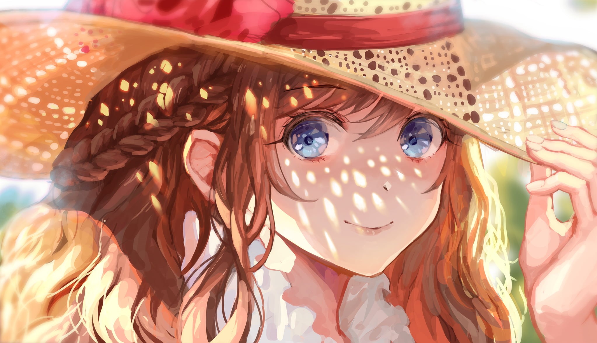 smiling, blue eyes, illustration, women with hats, Pixiv, straw hat, looking at viewer, portrait, artwork, long hair, face, bokeh, 2D, summer, 1080P, original characters, HD Wallpaper