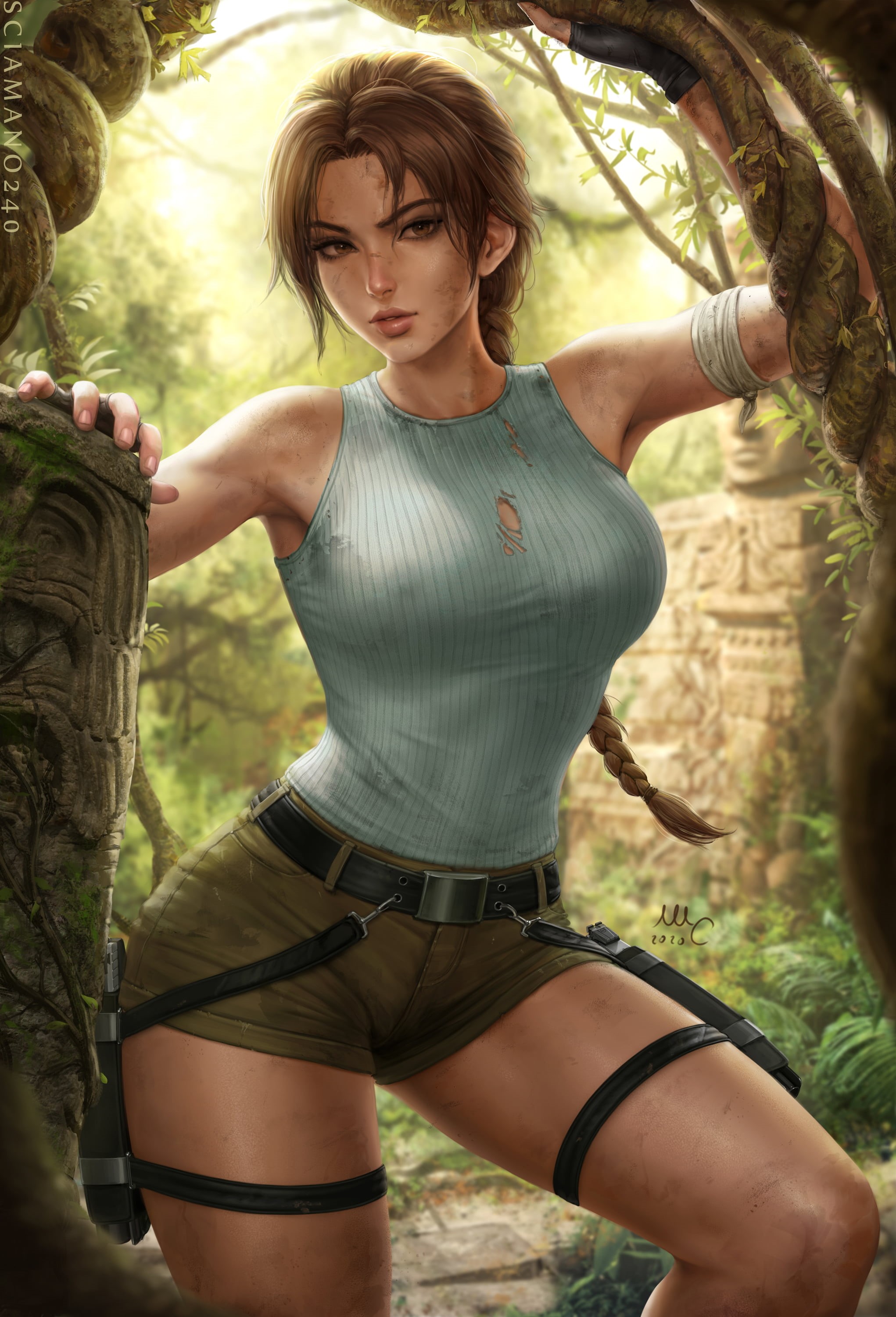 braids, artwork, fantasy girl, holster, digital art, video games, Tomb Raider, fantasy art, Sciamano240, shorts, illustration, torn clothes, video game art, Phone HD Wallpaper
