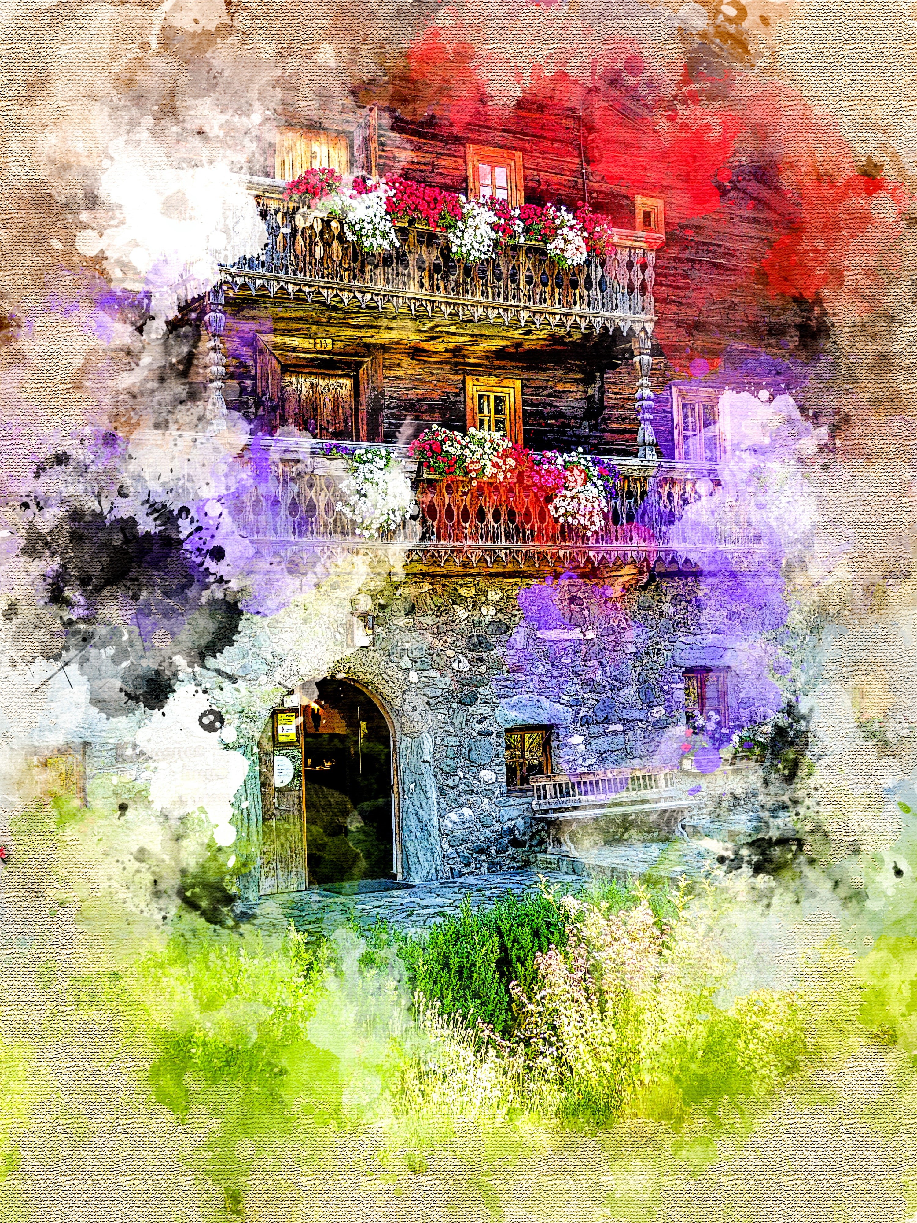 history, summer, built structure, weathered, farmhouse, embroidery, day, nature, photo manipulation, flowers, wall, flowering plant, outdoors, balcony, Phone HD Wallpaper
