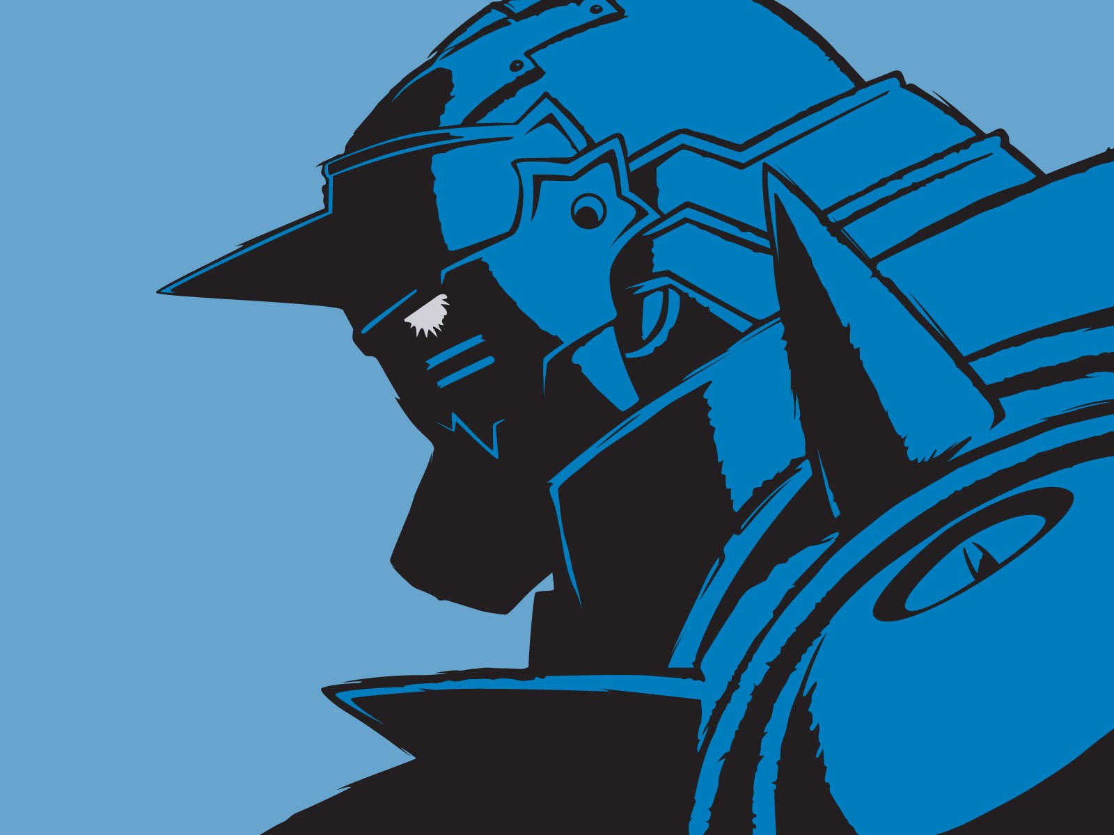 alchemist, cartoon/comic, illustration, robot, blue, 720P, black, anime, fullmetal, hd, HD Wallpaper
