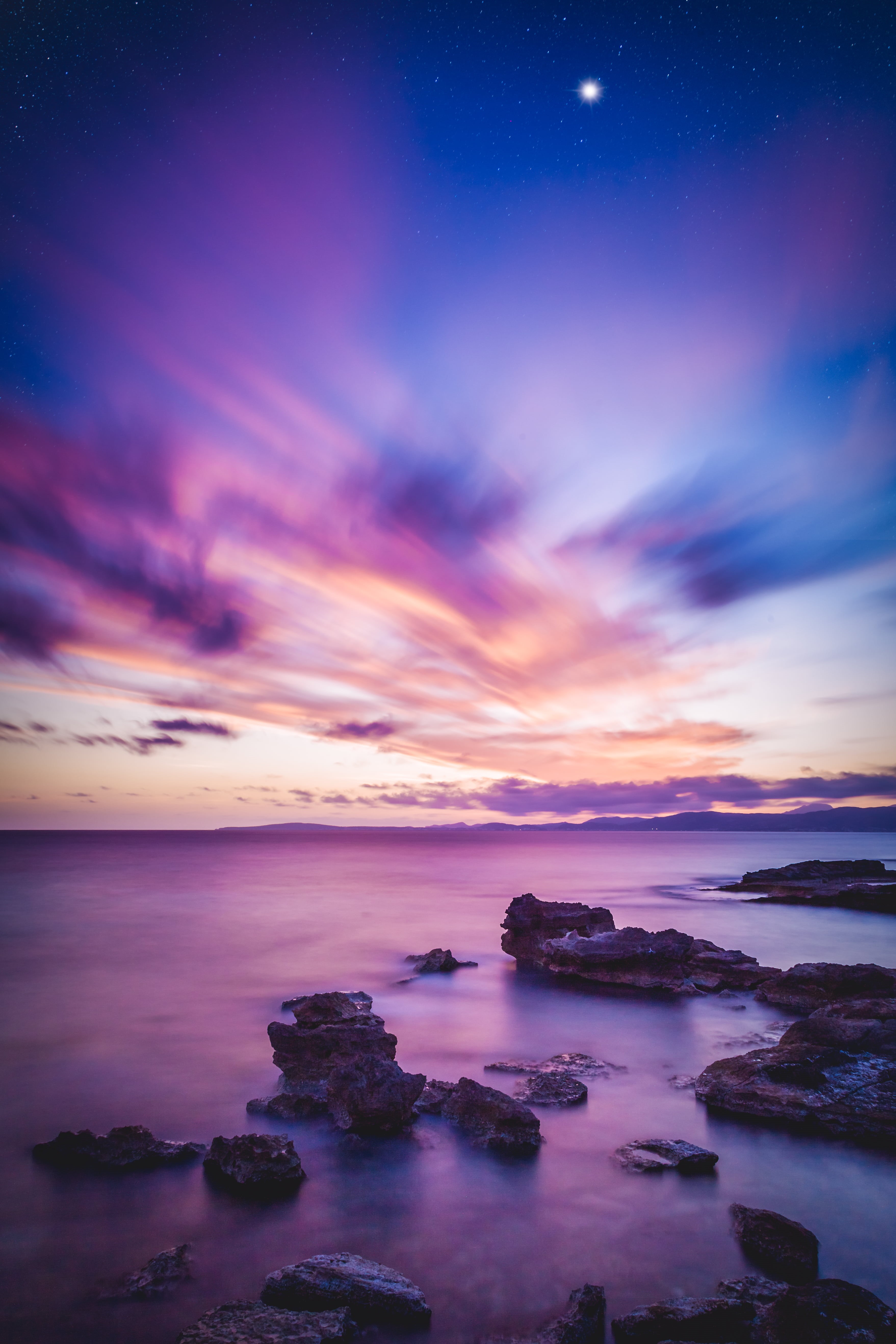sea, outdoors, Photoshop, sunrise - Dawn, seascape, paz, Mallorca, landscape, scenics, photo, panoramic photo, coastline, 5K, hour, te, Sunset, Nunca, Phone HD Wallpaper