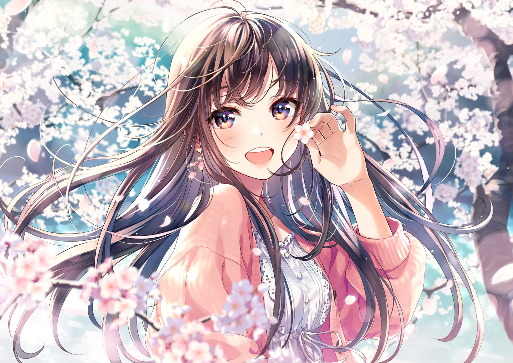brunette, earring, bokeh, 720P, dress, branch, artwork, 2D, drawing, anime, Morikura En, cherry blossom, happy, sweater, anime girls, digital art, long hair, HD Wallpaper