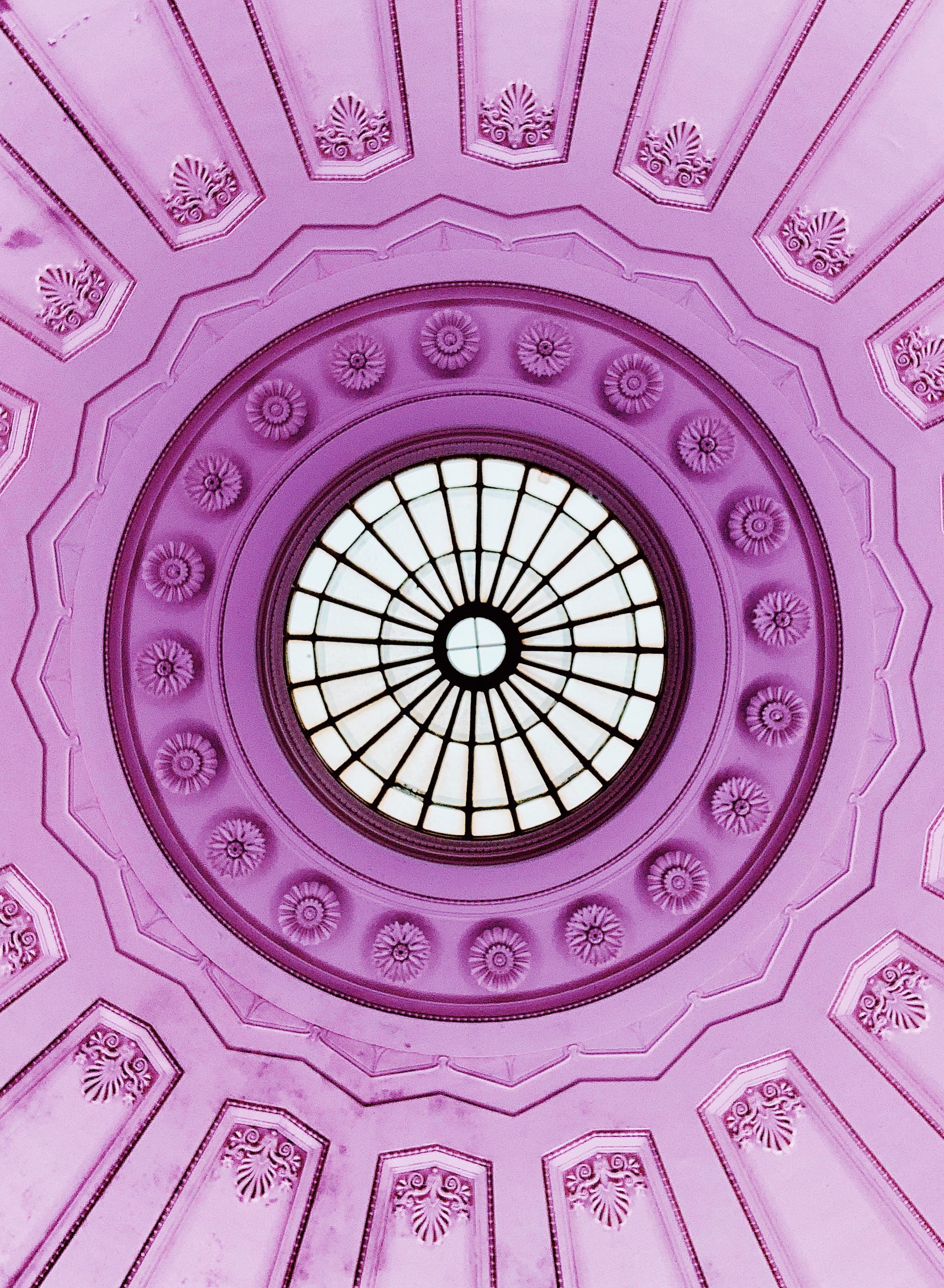 vault ceiling, directly below, indoors, rug, architecture, pattern, building, apse, pink, ornate, art, skylight, dome, circle, fractal, architecture and art, Phone HD Wallpaper