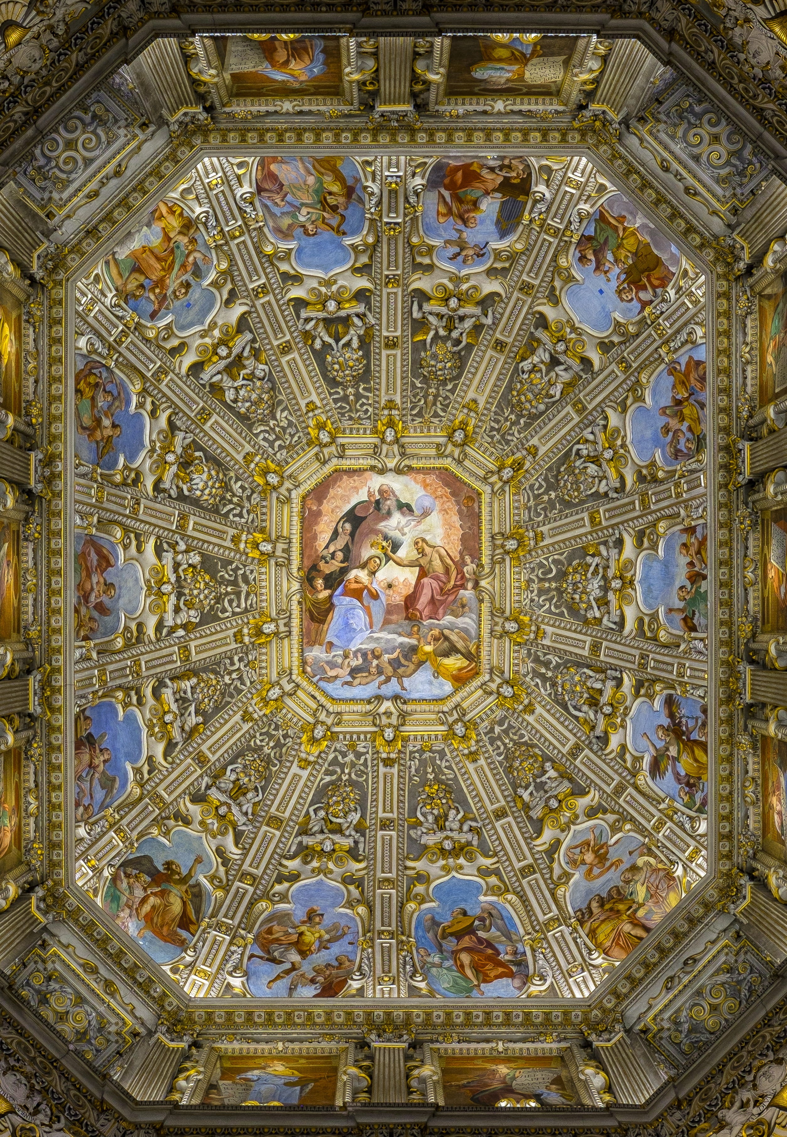 low angle view, travel destinations, religion, building, painting, bergamo, cathedral, indoors, mosaic, vault, human representation, place of worship, tile, Phone HD Wallpaper