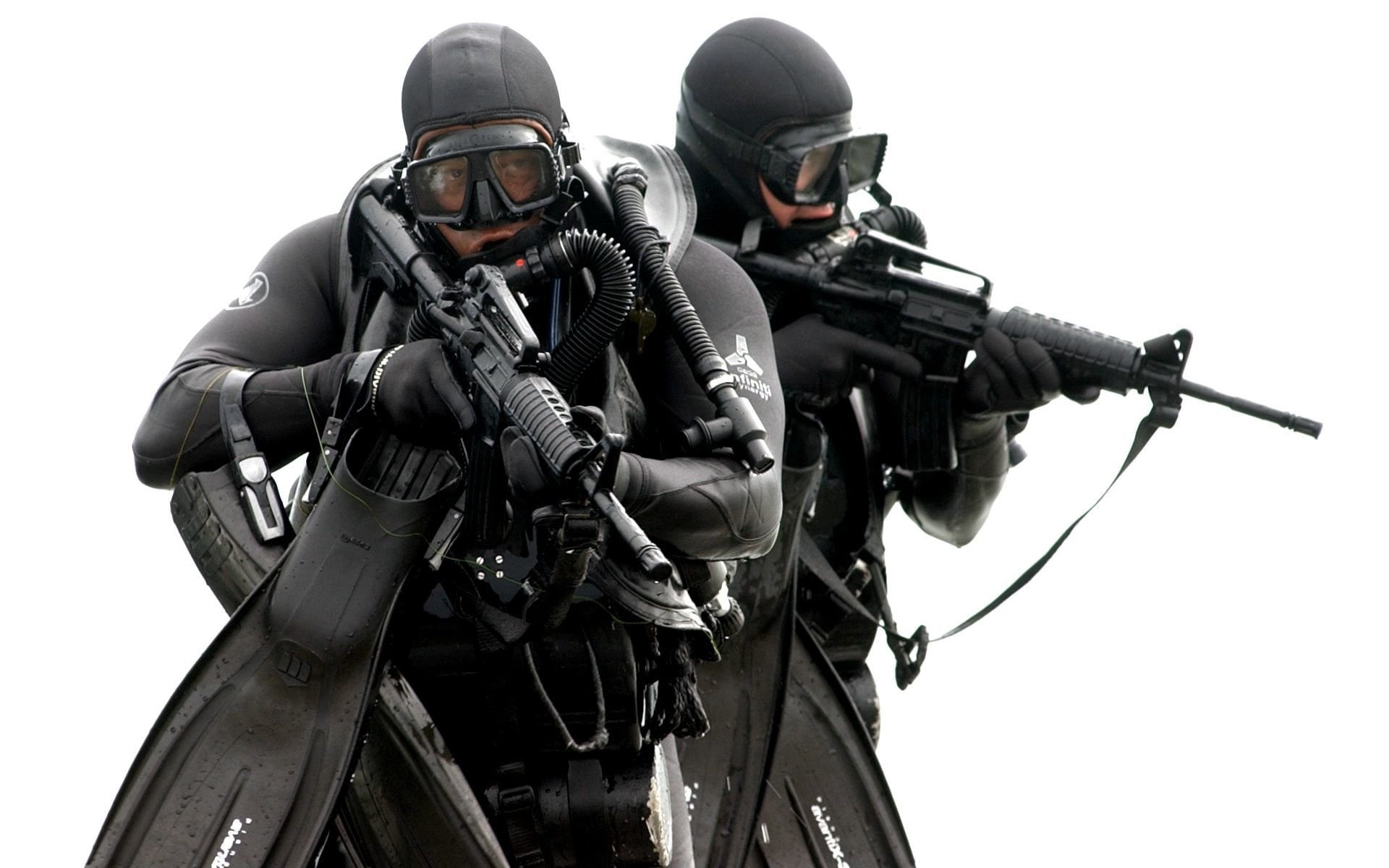 suits, clear sky, holding, weapon, safety, armed forces, two, government, front view, armored, Navy Seal, rifle, clothing, uniform, protection, aggression, HD Wallpaper