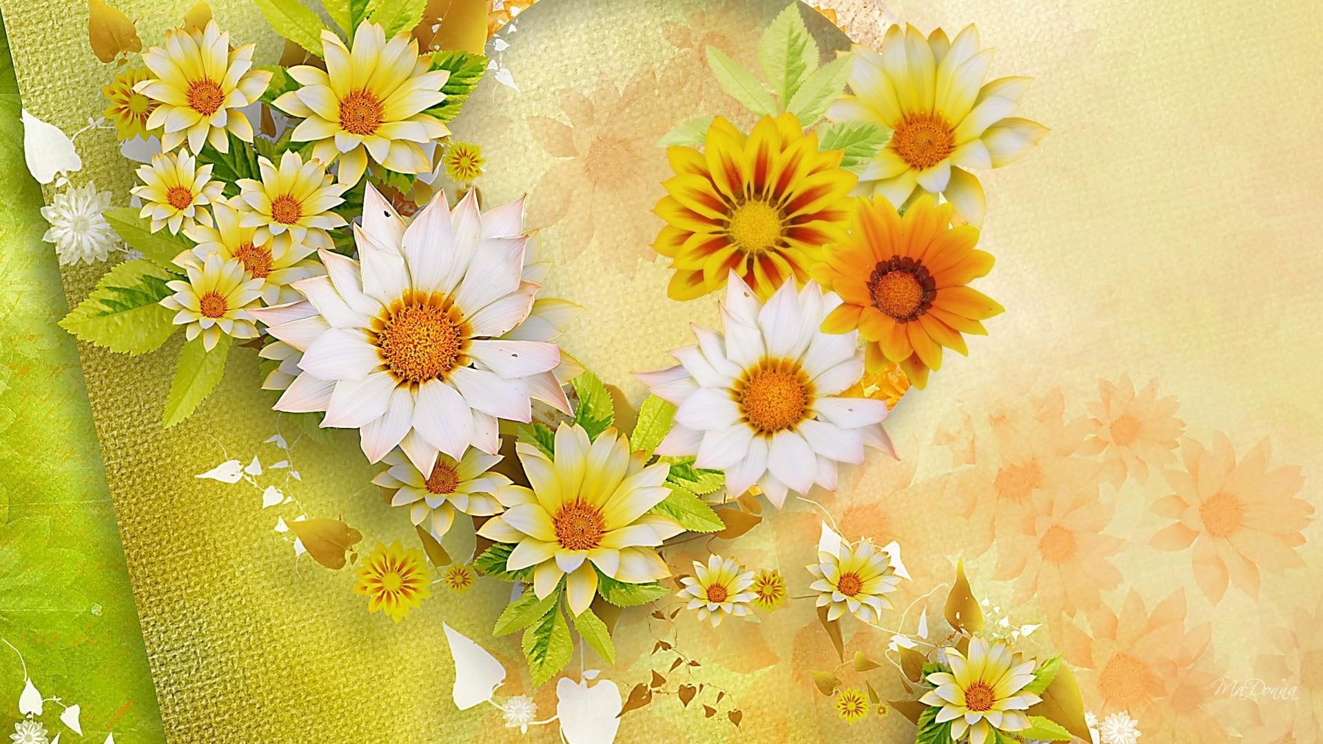 green, sunshine, firefox persona, 3d and abs, summer, autumn, vines, floral, burlap, yellow, flowers, 1080P, daisy, fall, HD Wallpaper