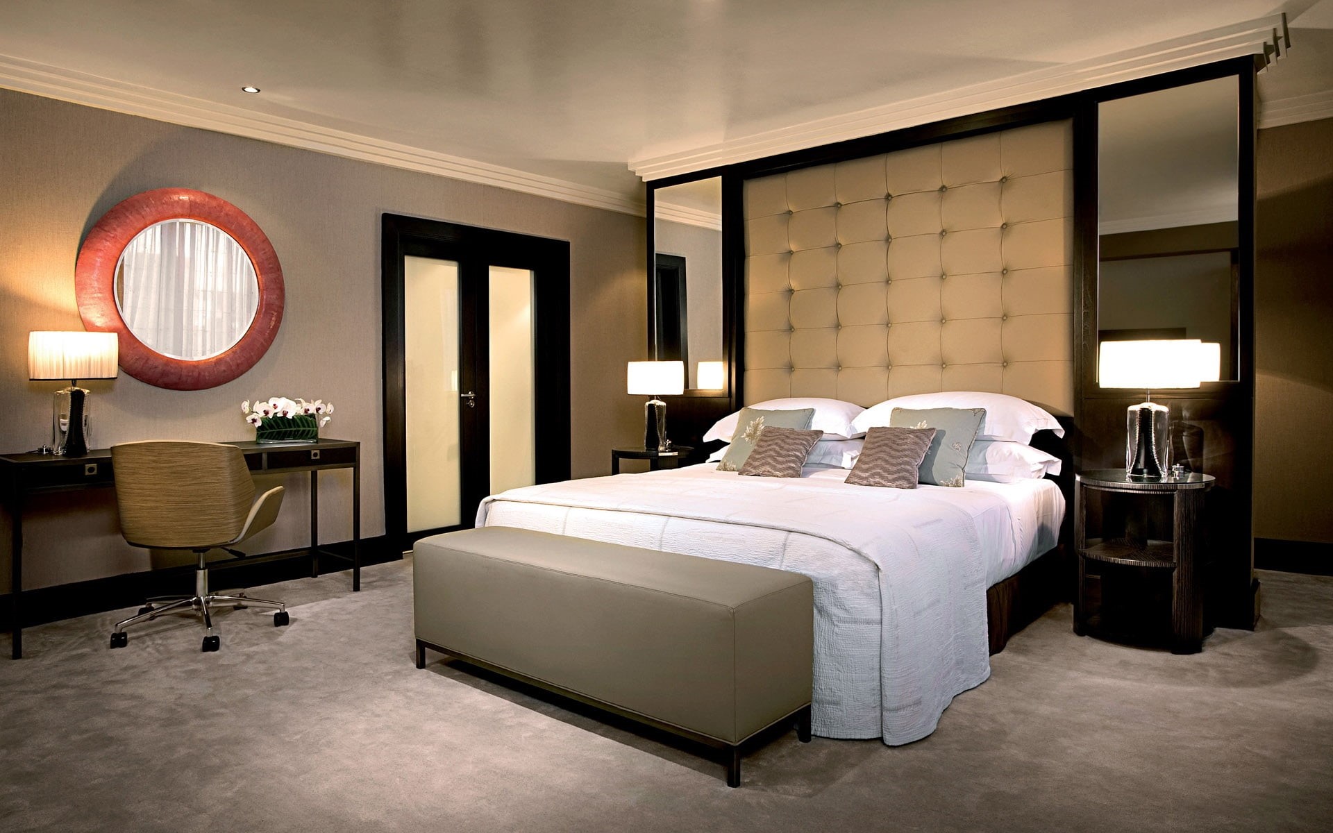 headboard, bedroom, white, mirror, decor, relaxation, residential District, interior, clean, business, comfortable, dresser, chair, decoration, residential Building, HD Wallpaper