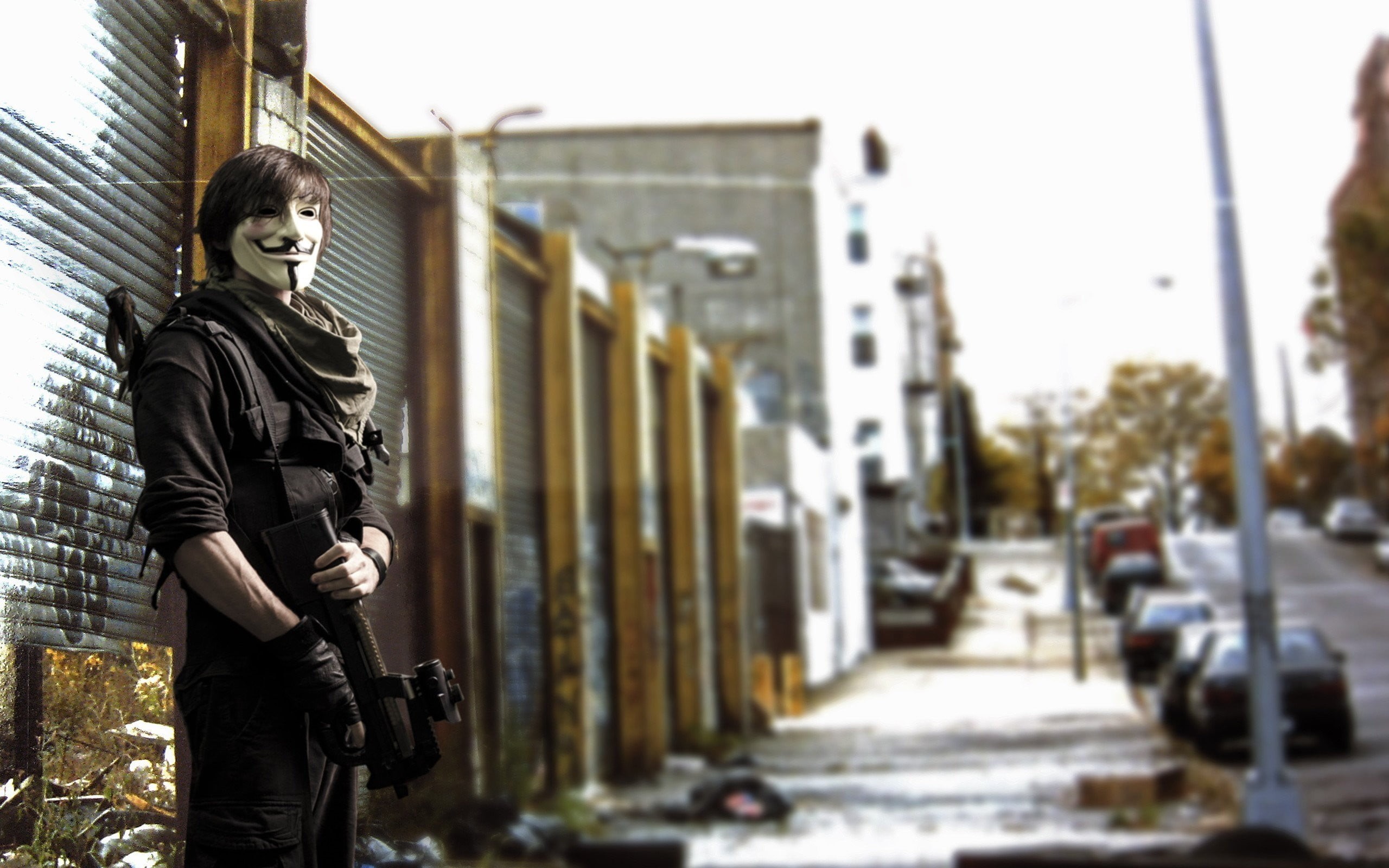 FN P90, three quarter length, city, day, land vehicle, clothing, lifestyles, door, mode of transportation, gun, 2K, near, standing, young adult, mask, HD Wallpaper