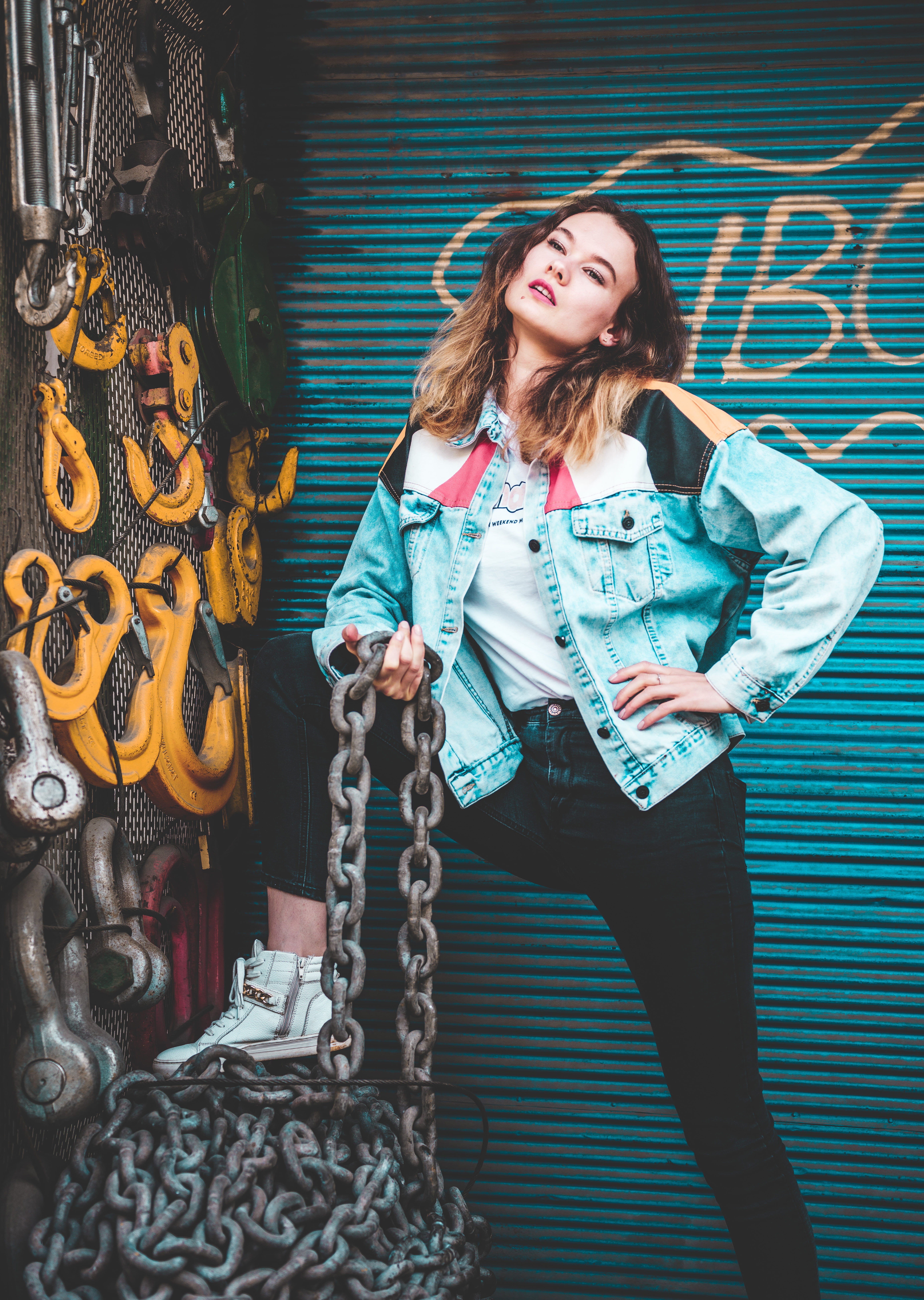 fashion, jacket, person, posing, blue, portrait, beautiful woman, three quarter length, wear, model, young women, girl, style, female, 8K, chains, standing, Phone HD Wallpaper