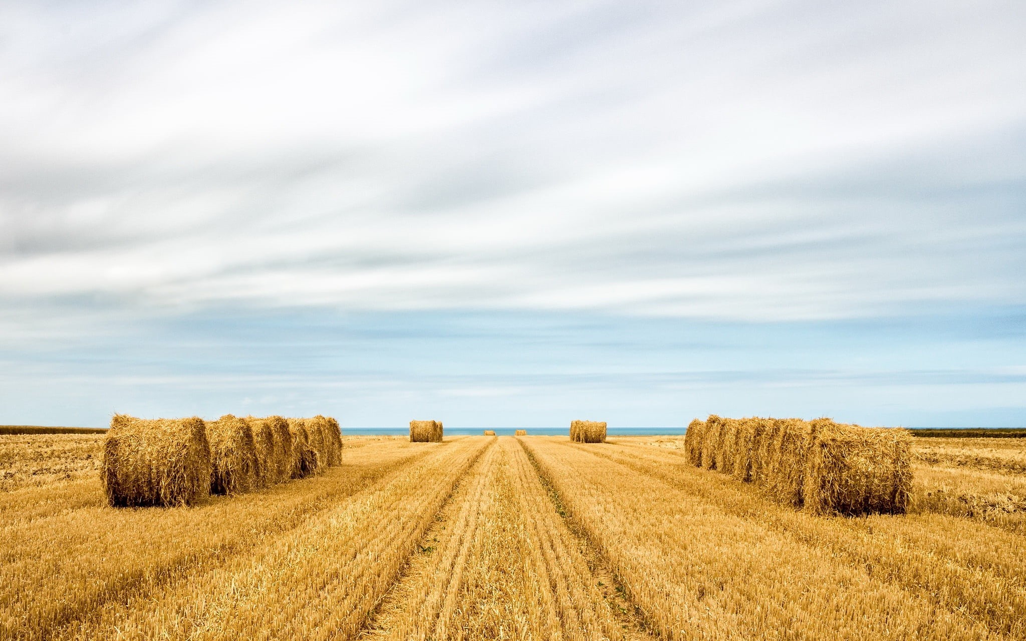 landscape, cloud - sky, harvesting, land, environment, beauty in nature, farm, hay, bale, 1080P, field, sky, tranquil scene, no people, agriculture, outdoors, HD Wallpaper