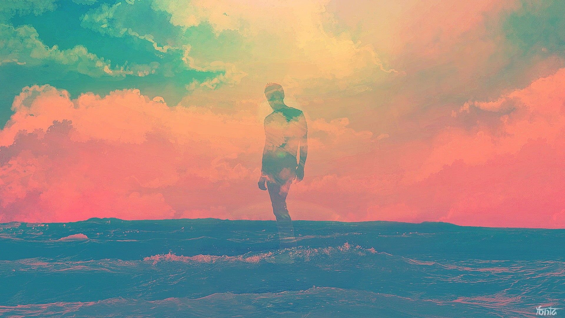 landscape, digital composite, environment, travel, clouds, Tycho, one person, holiday, silhouette, clothing, adult, nature, Tim Navis, scenics - nature, HD Wallpaper