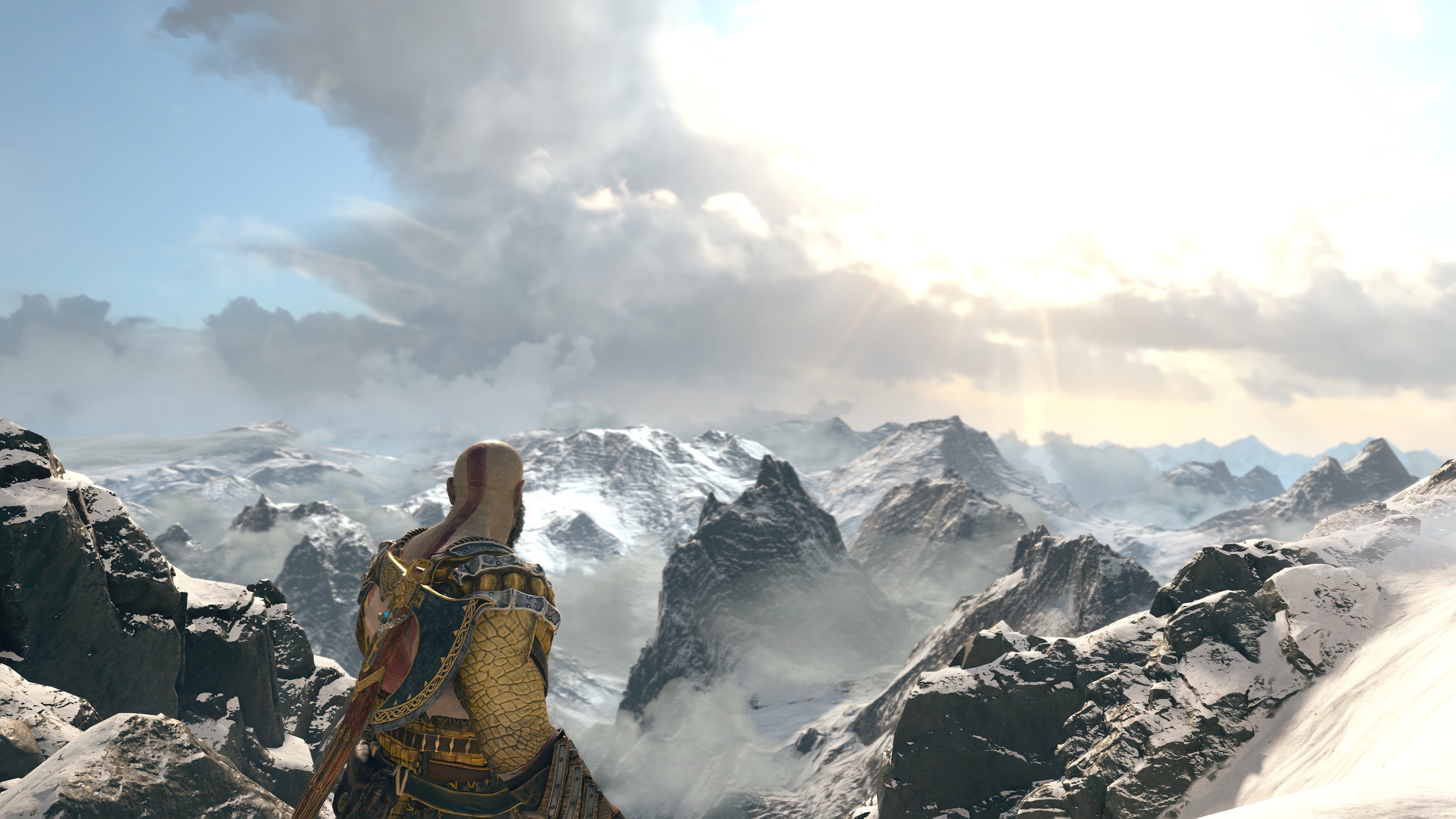 Kratos, cold temperature, leisure activity, mountain range, outdoors, sky, one person, PlayStation 4, God of War, nature, adventure, winter, snow, activity, HD Wallpaper