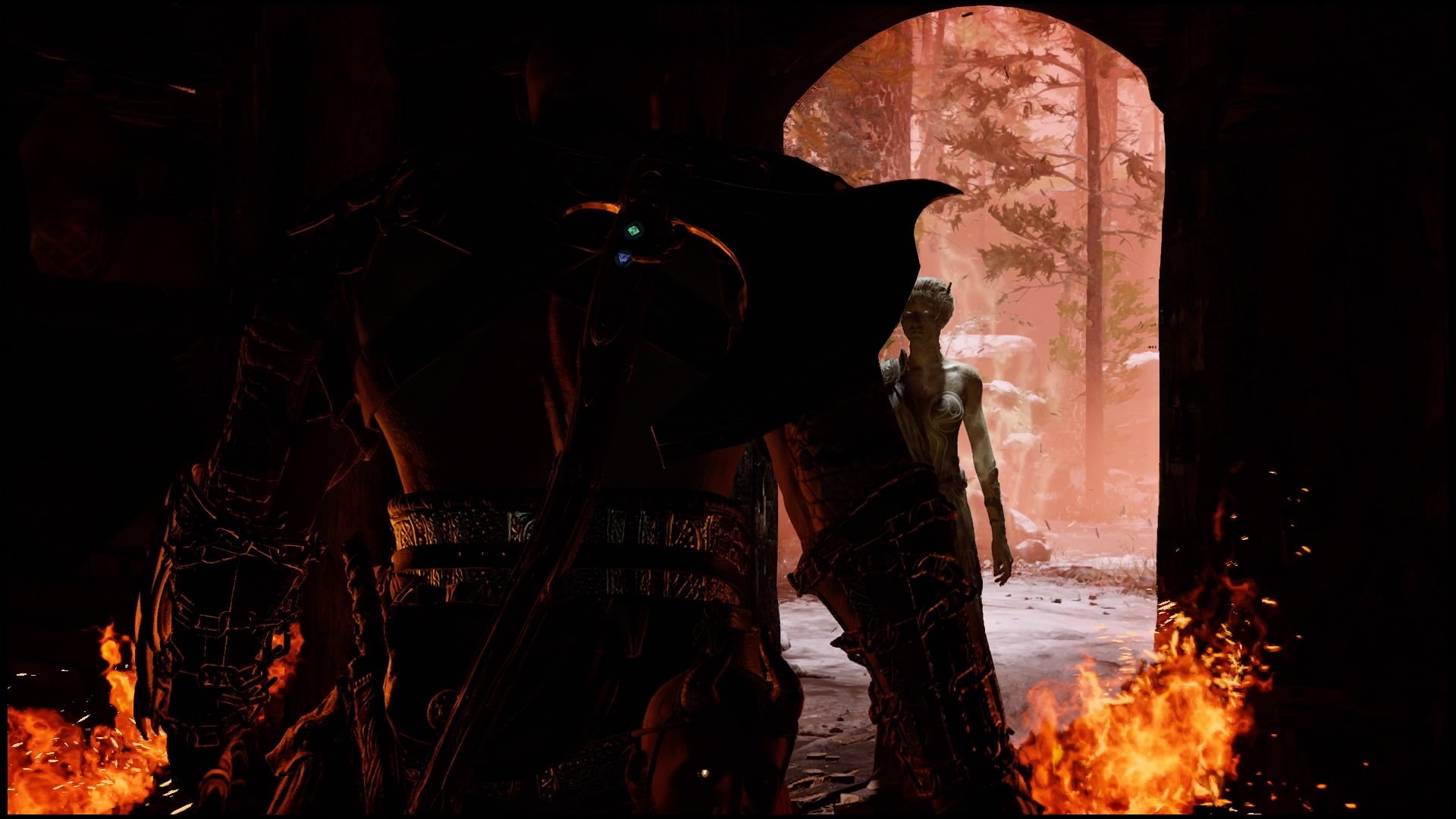 people, night, 1080P, God of War, burning, God of War (2018), fire, indoors, PlayStation 4, nature, architecture, representation, Kratos, heat - temperature, HD Wallpaper