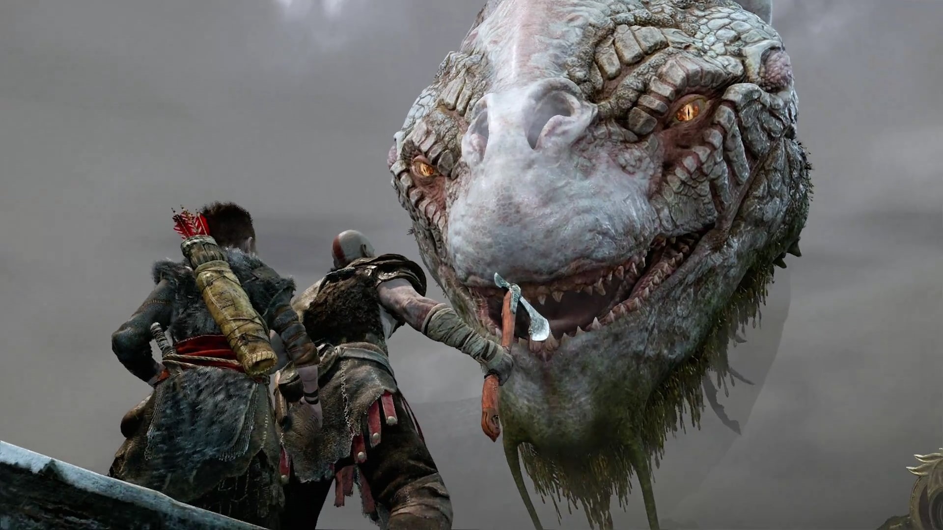 aggression, 1080P, no people, statue, animal, sculpture, group of animals, vertebrate, water, art and craft, mouth open, God of War (2018), nature, outdoors, HD Wallpaper