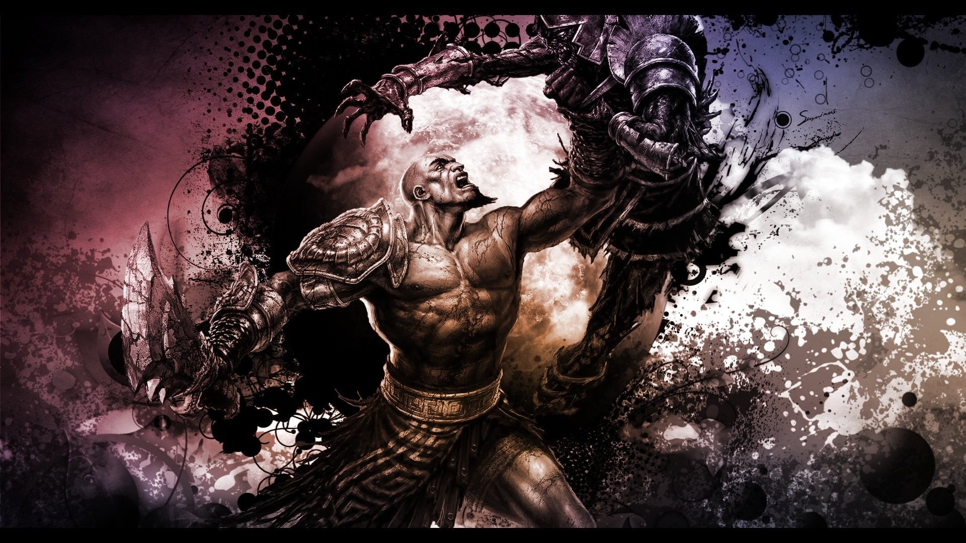 God of War III, craft, statue, holding, representation, no people, graphic, art, monster, Samirus, Kratos, low angle view, man, transfer print, video games, HD Wallpaper