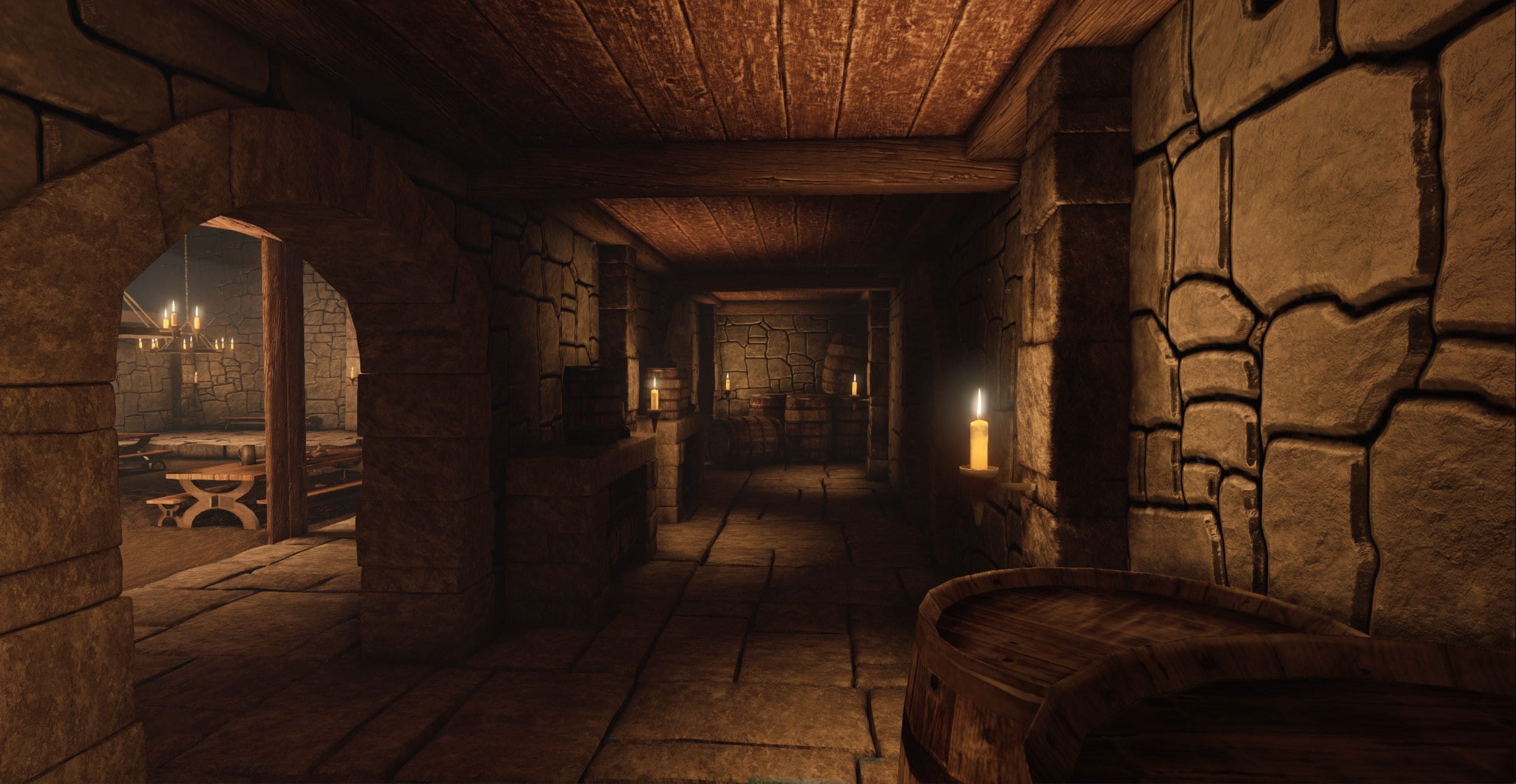 architecture, illuminated, brick wall, built structure, the past, wall, 3D, corridor, brick, absence, medieval, barrels, domestic room, wall - building feature, HD Wallpaper