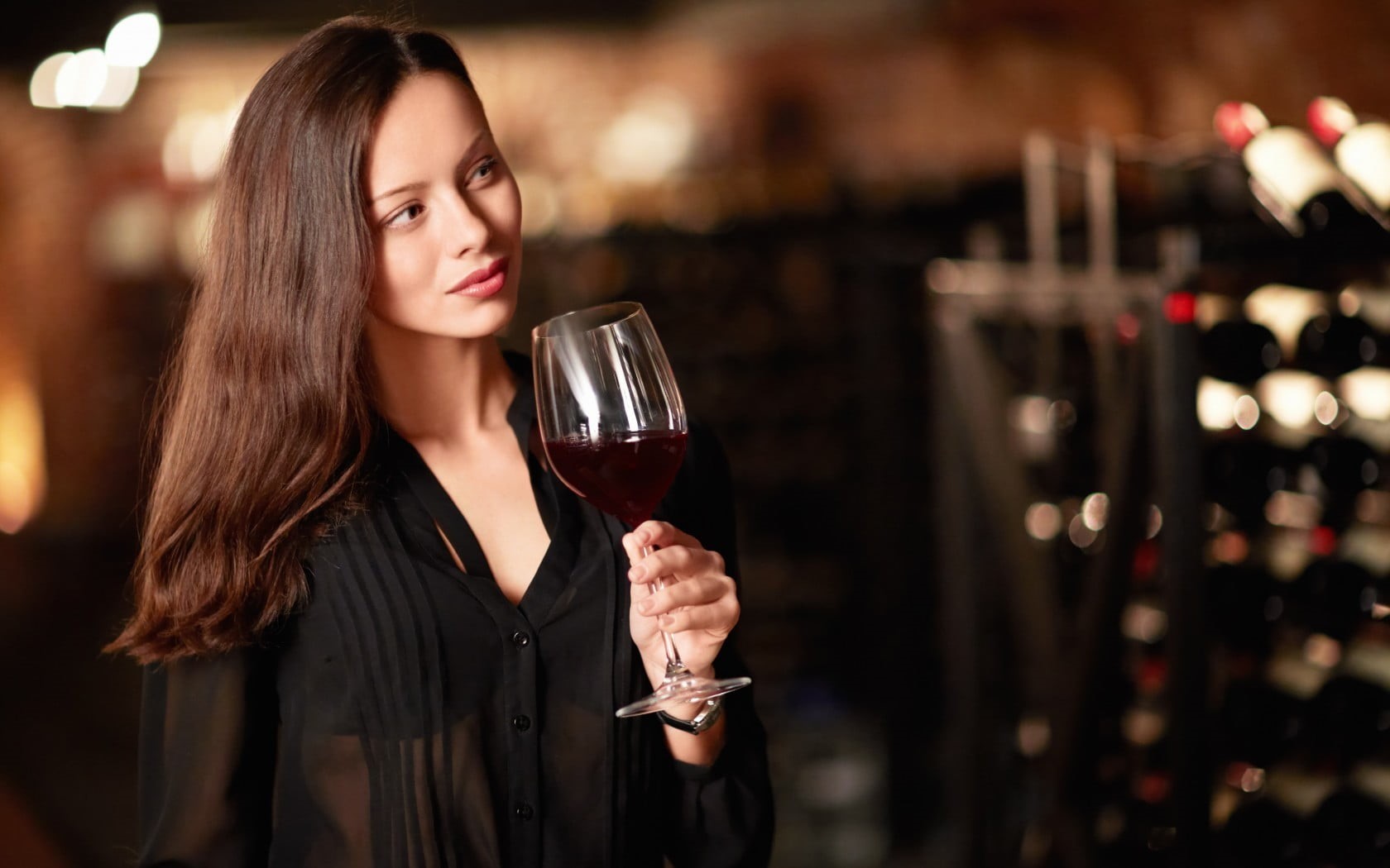 women, bokeh, adult, wine, beauty, indoors, beautiful woman, 720P, beautiful people, see-through clothing, wineglass, alcohol, cellar, food and drink, HD Wallpaper
