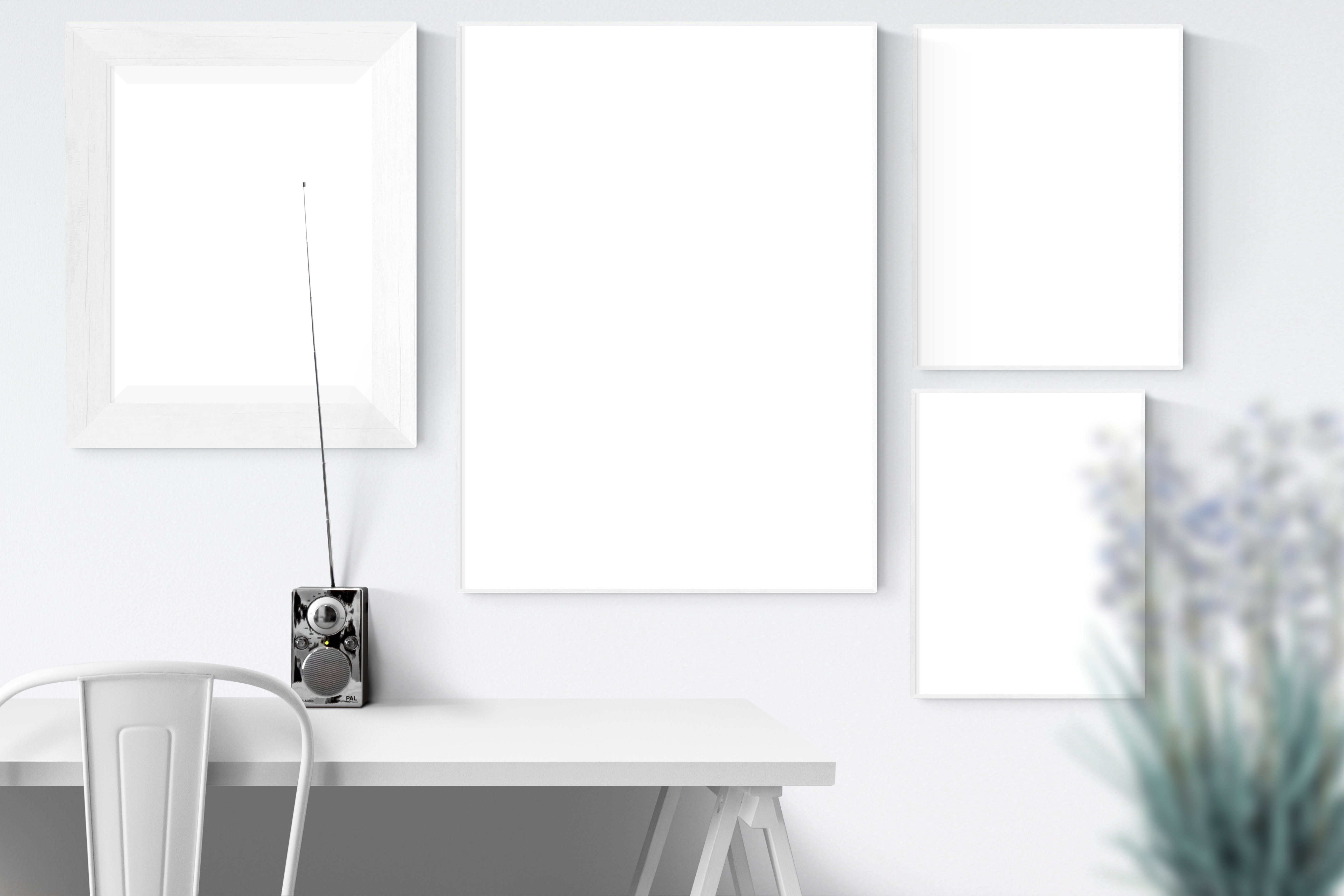 blank, copy space, modern, desk, presentation, radio, absence, photo, stock, frame, table, picture, window, wall, white color, template, 5K, home, indoors, HD Wallpaper