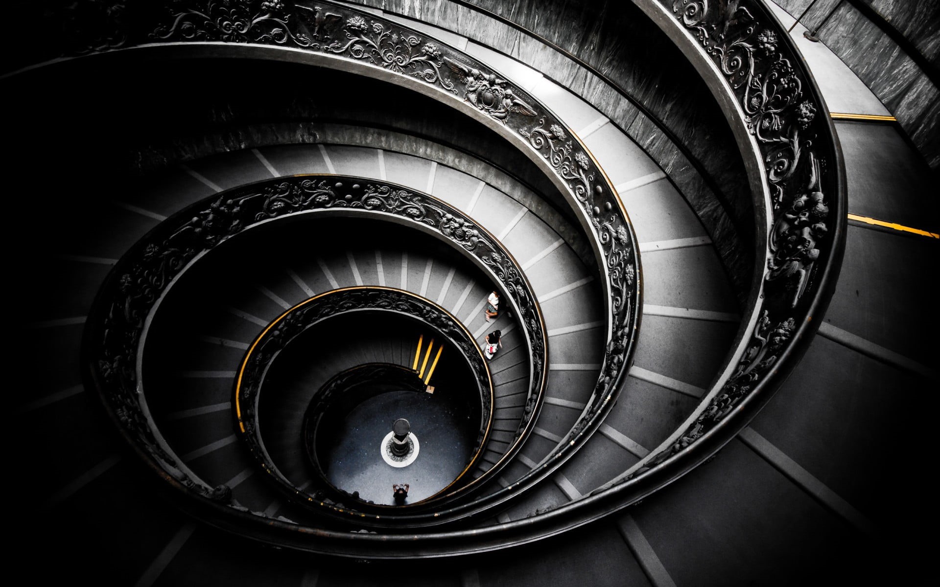 no people, handrail, spiral staircase, gray, 1080P, museum, Italy, Vatican City, day, design, Rome, circle, geometric shape, metal, pattern, diminishing perspective, HD Wallpaper