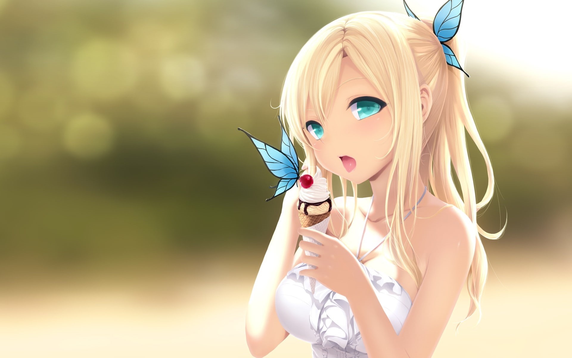tomodachi, eyes, blondes, ga, Butterfly, hd, animals, wa, anime, ice, blue, sukuna, mouth, butterflies, drawings, boku, cream, cherries, open, art, 1080P, HD Wallpaper