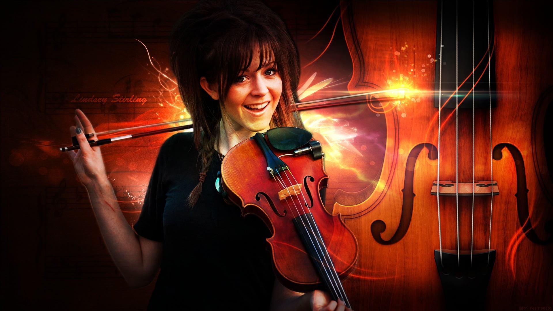 holding, playing, music, hair, waist up, crew, s, bow - musical equipment, arts culture and entertainment, musical instrument, Lindsey Stirling, fan art, HD Wallpaper