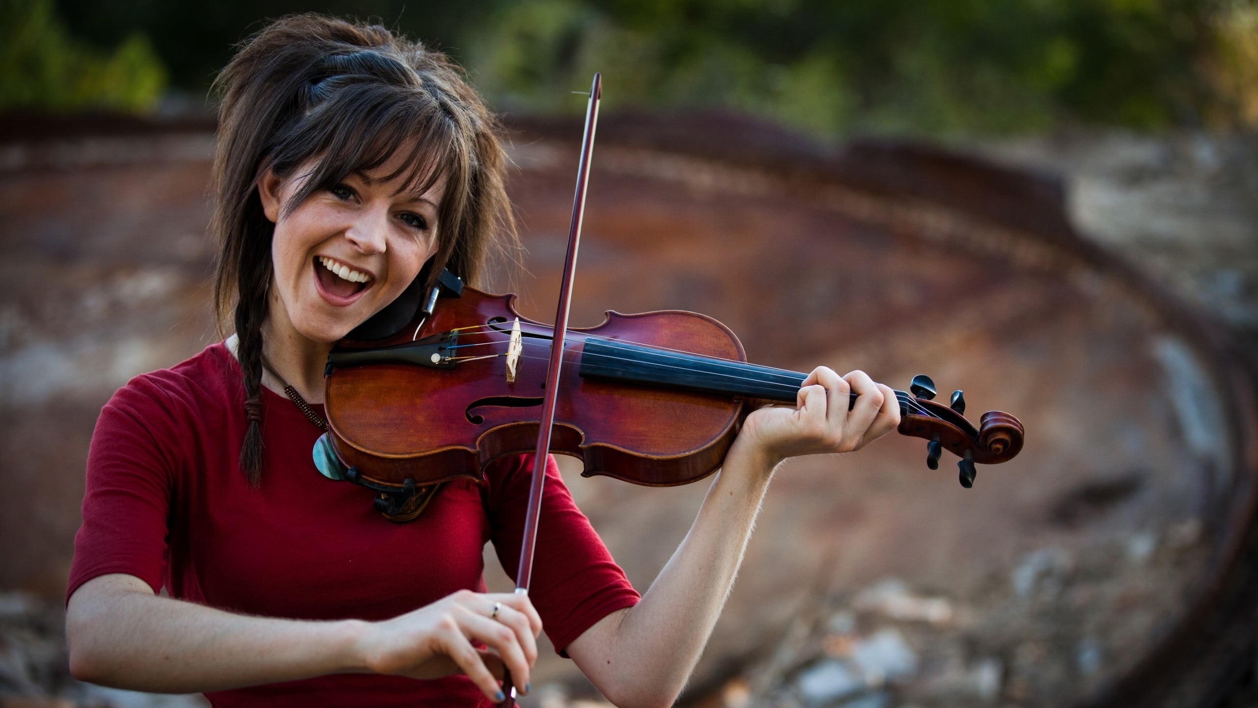 artist, portrait, front view, playing, bow - musical equipment, musician, Lindsey Stirling, red clothing, musical instrument, beautiful woman, hairstyle, HD Wallpaper