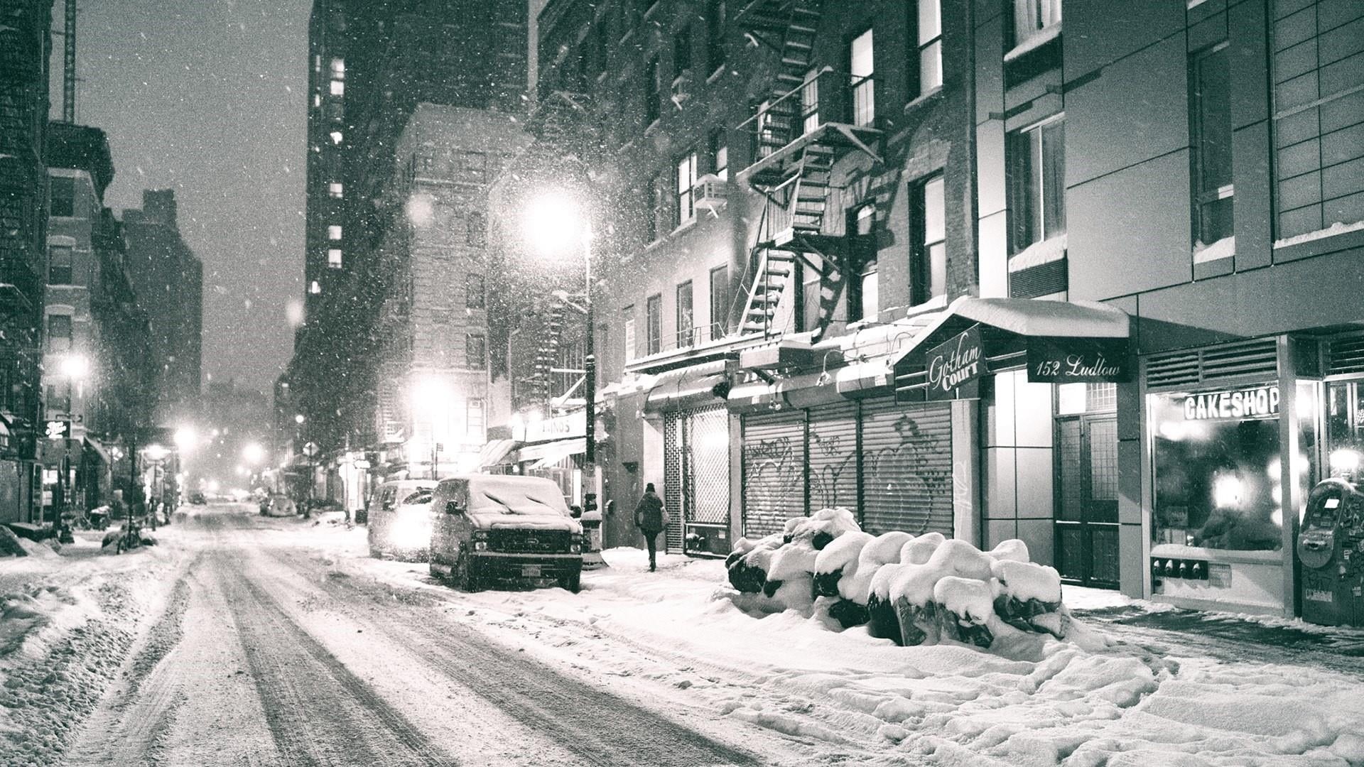 extreme weather, monochrome, snofall, snapshot, night, building, 1080P, architecture, motor vehicle, snowing, new york city, blizzard, built structure, HD Wallpaper