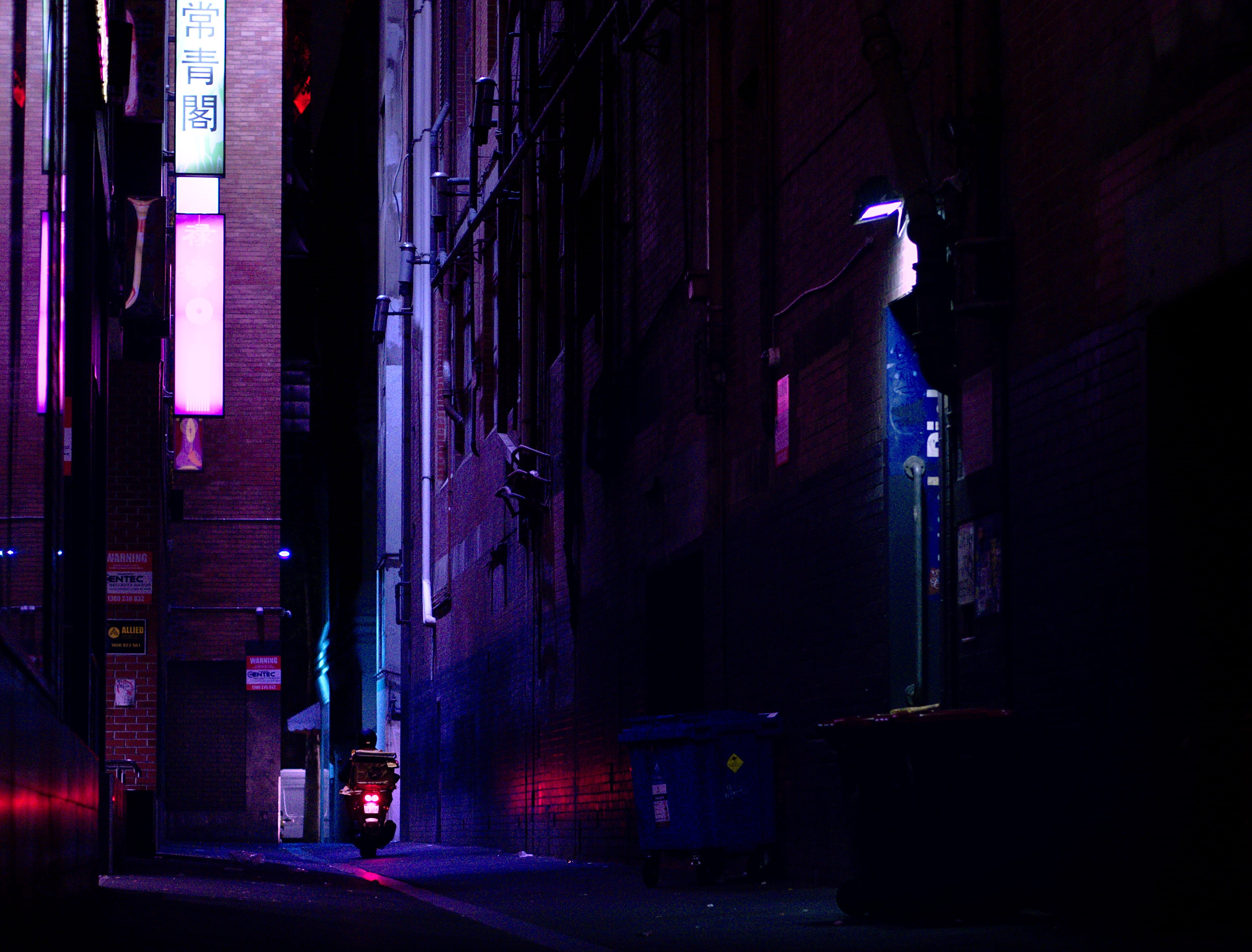 alley, glowing, cyberpunk, direction, residential district, the way forward, chinatown melbourne, road, night, built structure, scooter, laneway, pink color, HD Wallpaper