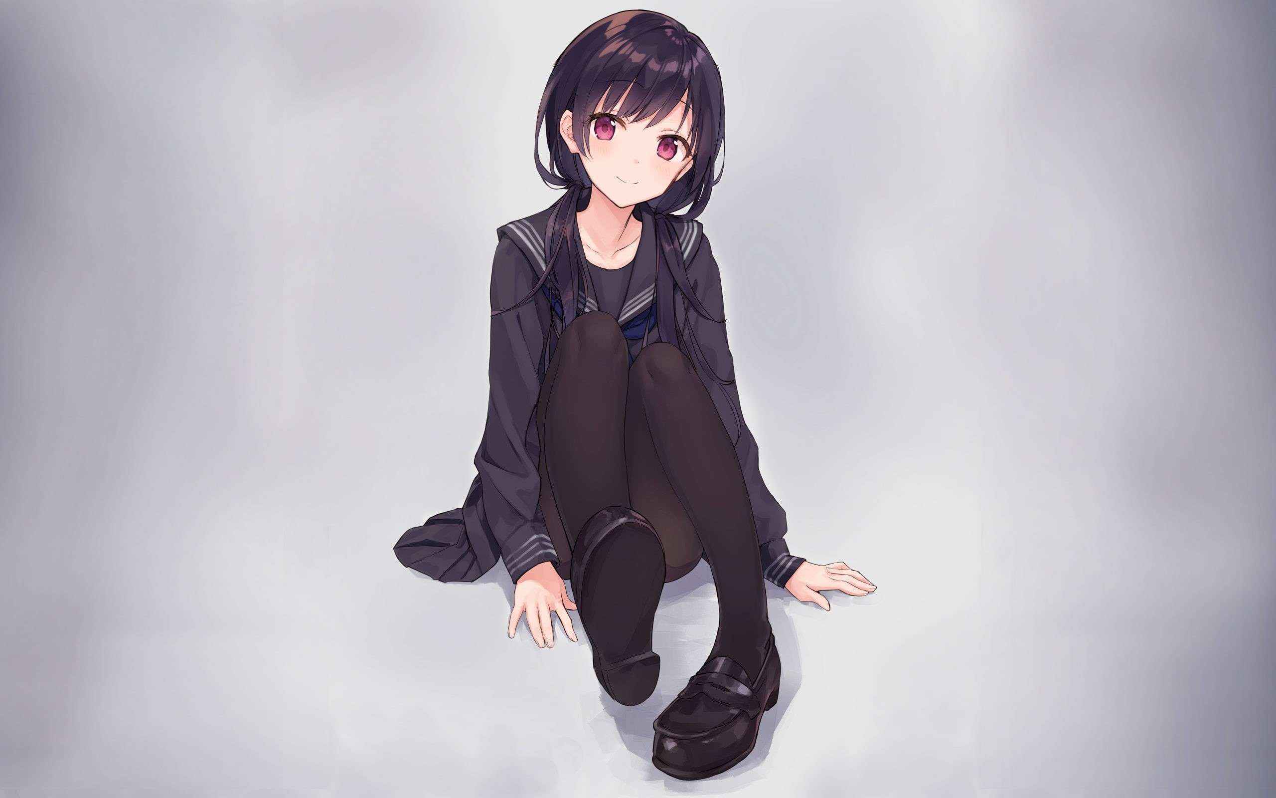 adult, indoors, studio shot, 2K, young adult, women, anime, hairstyle, one person, black hair, school uniform, beautiful woman, fashion, full length, simple background, HD Wallpaper