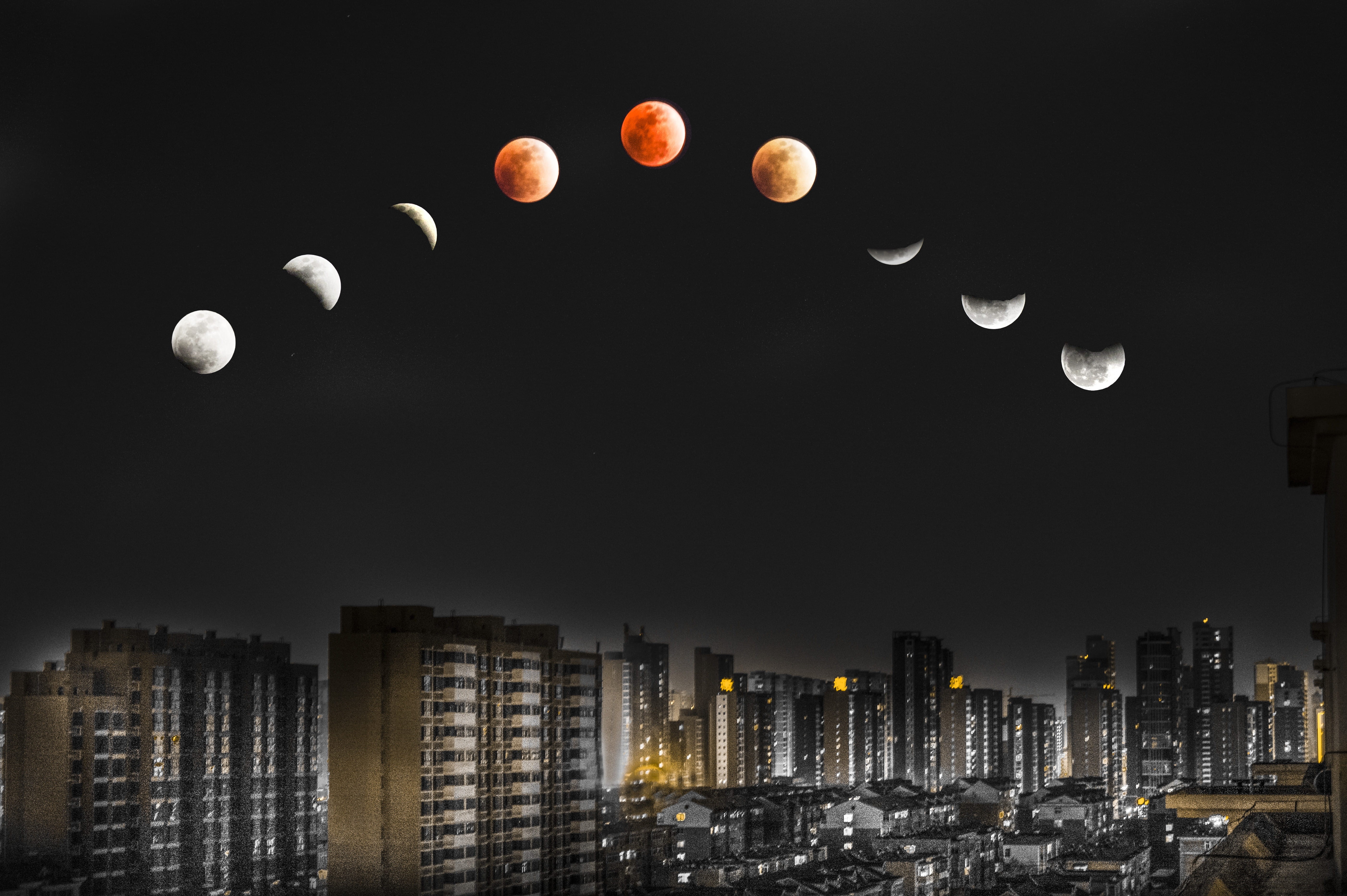 booms, apartment, moonlight, total, night, no people, built structure, illuminated, lunar, full moon, urban skyline, sky, building exterior, city, outdoors, HD Wallpaper