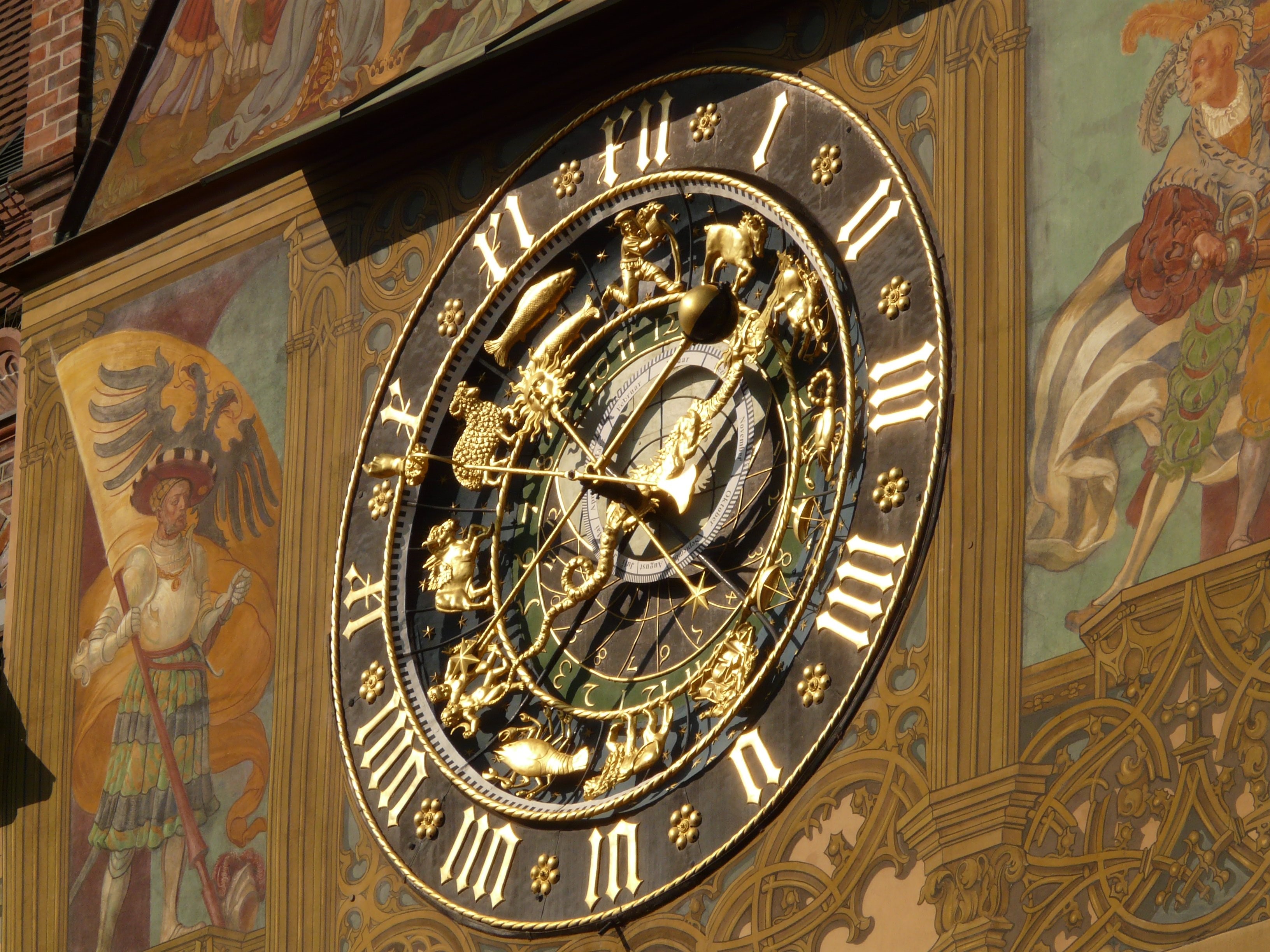 no people, date, roman numeral, ornate, moon phases, zodiac ring, time indicating, astronomical clock, space, craft, taurus, travel destinations, 2K, art and craft, HD Wallpaper