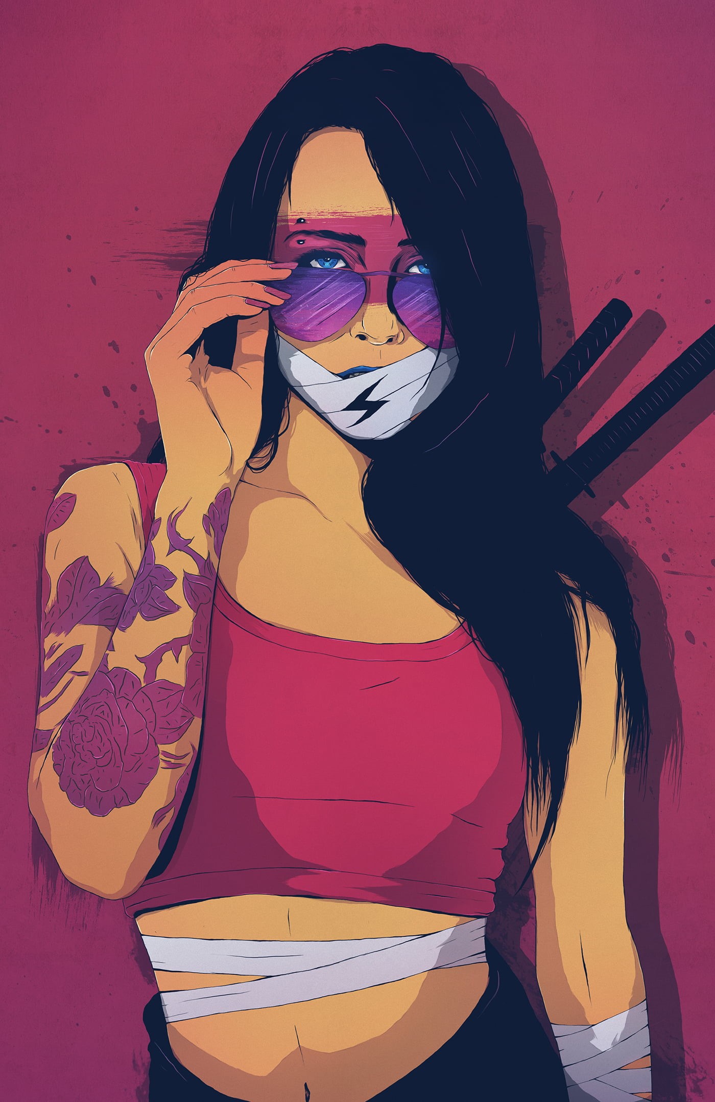 looking at viewer, glasses, tattoo, women, digital art, portrait, Conrado Salinas, katana, 1080P, long hair, Phone HD Wallpaper