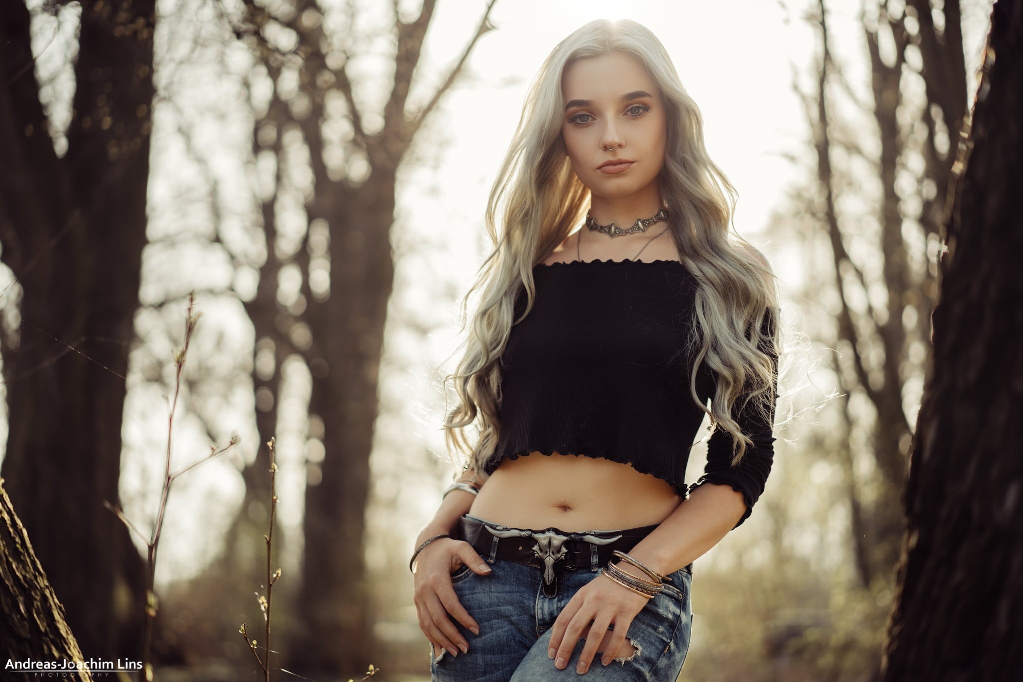 black tops, blonde, 1080P, backlighting, torn jeans, women outdoors, bare shoulders, bokeh, trees, portrait, jeans, Andreas-Joachim Lins, outdoors, necklace, HD Wallpaper