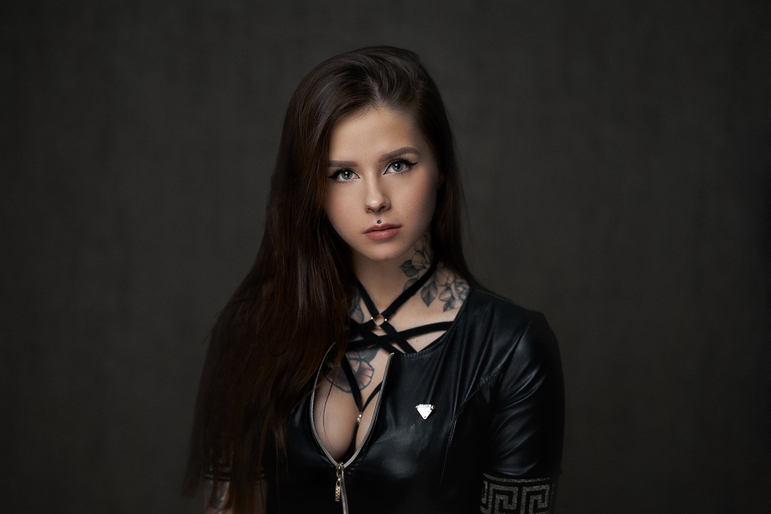 long hair, Studio, model, pierced septum, black clothing, indoors, portrait, women, inked girls, 2K, cleavage, women indoors, looking at viewer, black tops, HD Wallpaper