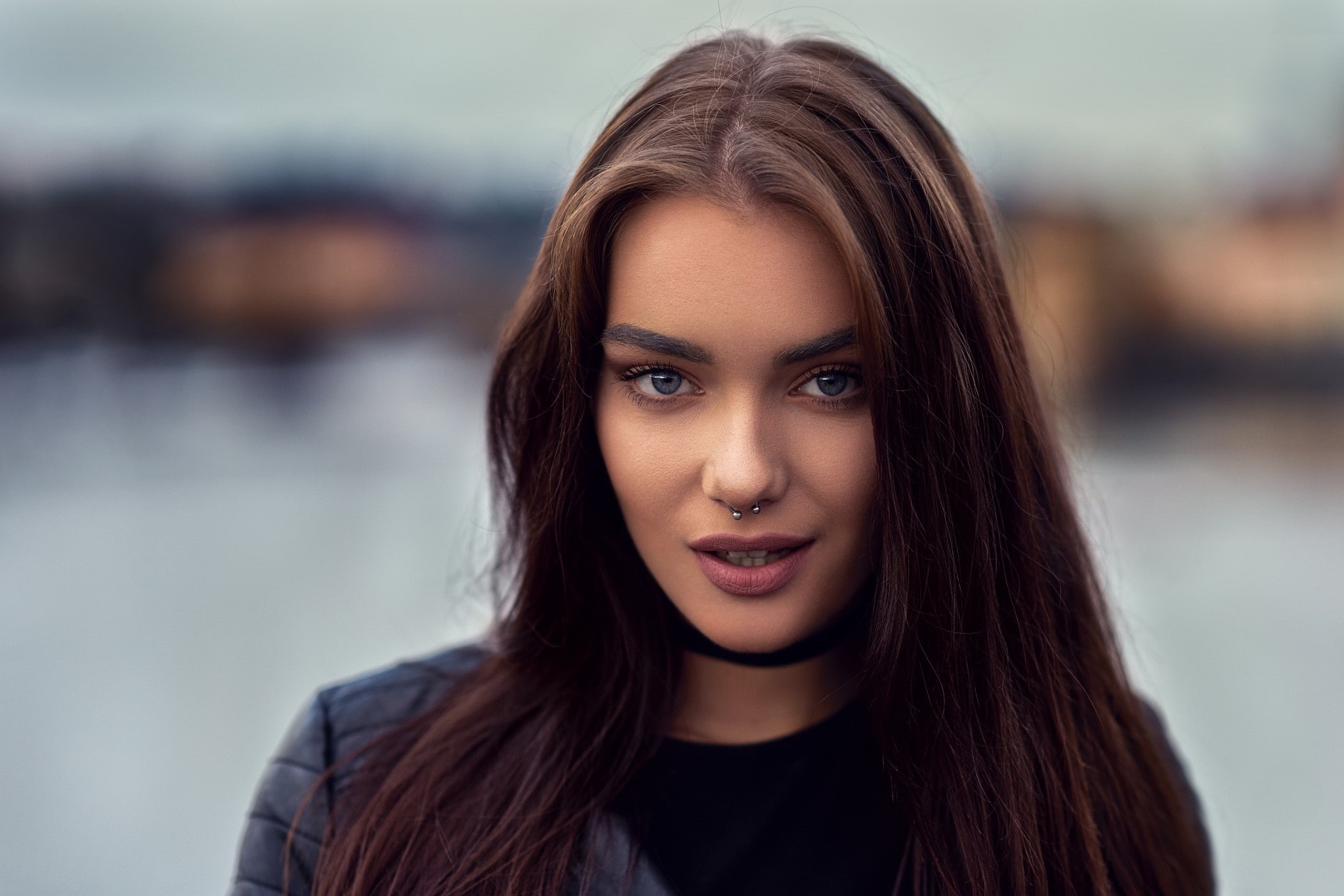 1080P, pierced septum, women, face, Veronika Ožanová, portrait, nose rings, HD Wallpaper