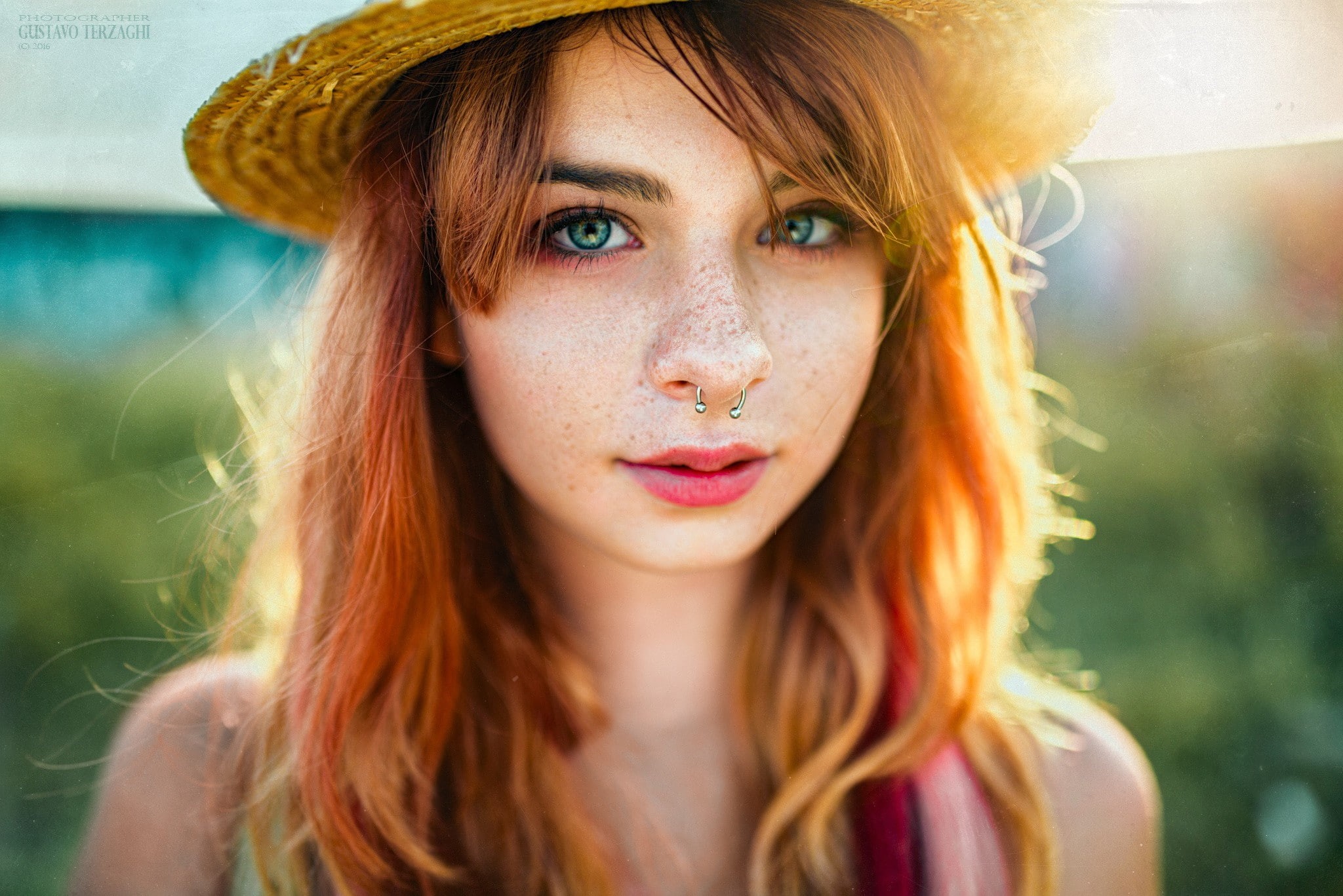 hat, freckles, redhead, pierced septum, face, portrait, 1080P, women, nose rings, HD Wallpaper