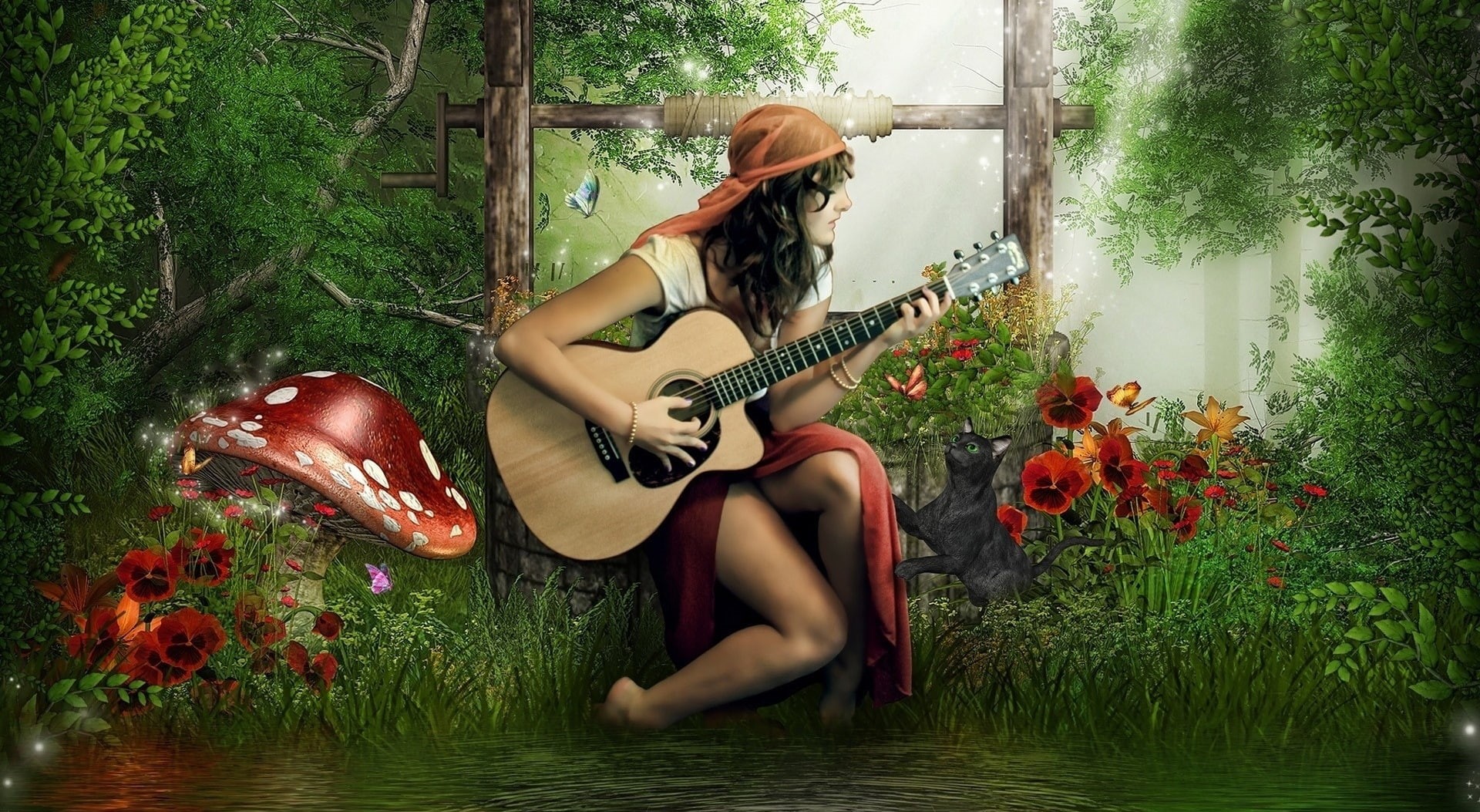 plant, young women, young adult, full length, musician, nature, one person, woman, guitar, playing, sitting, outdoors, musical instrument, illustration, HD Wallpaper