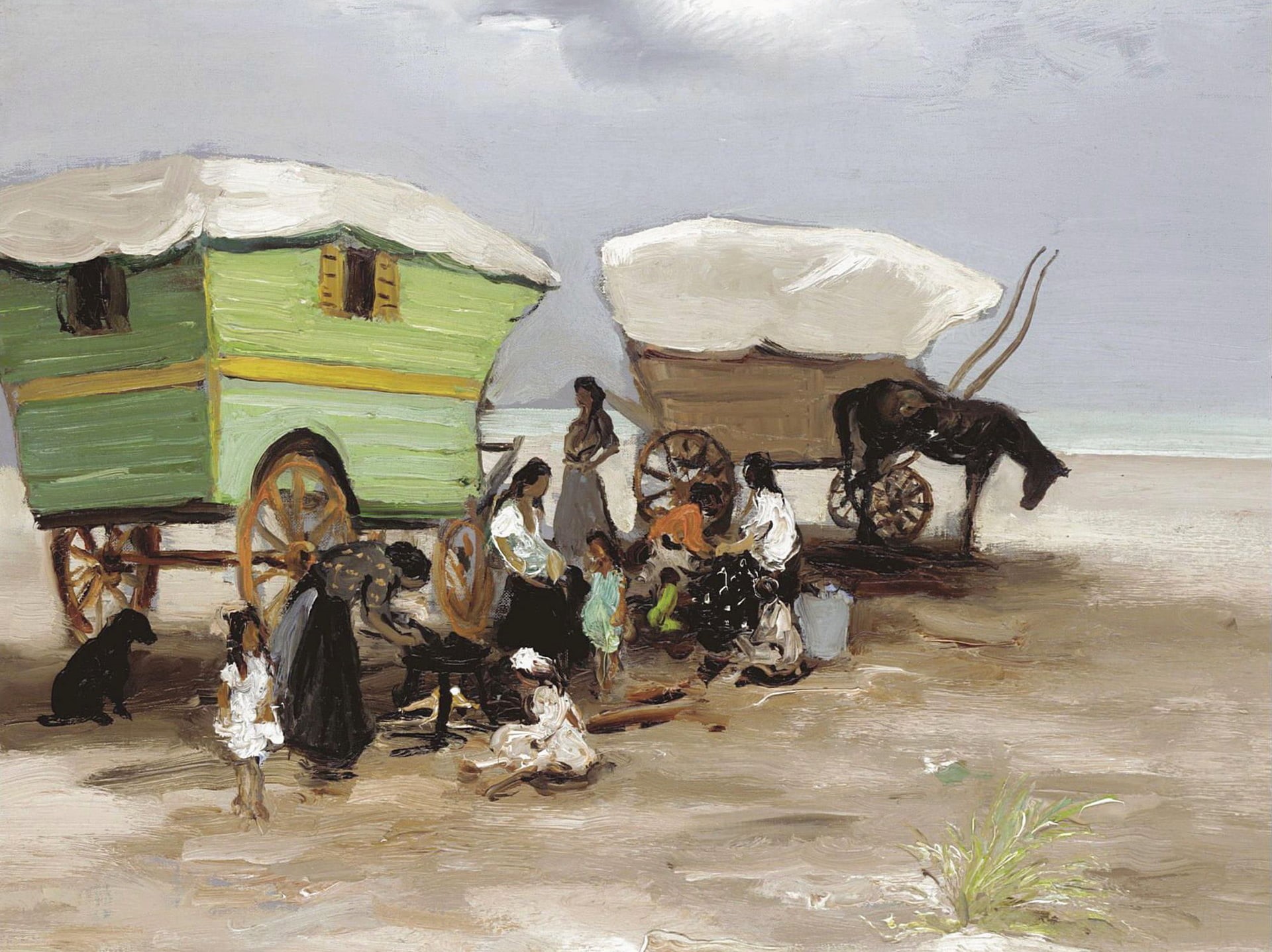 nature, Gypsies, livestock, mammal, sea, domestic, architecture, group of animals, cow, working animal, picture, wagon, cart, water, built structure, domestic animals, HD Wallpaper