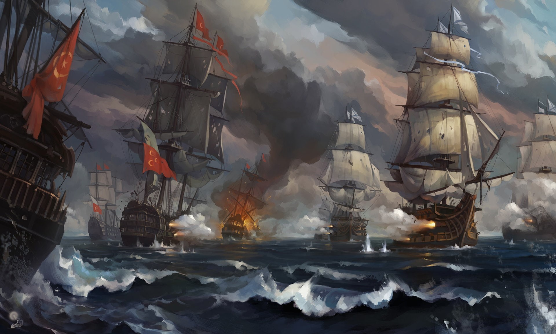 1080P, Igor Artyomenko, ship, battle, digital art, waves, water, Ottoman Empire, sea, HD Wallpaper