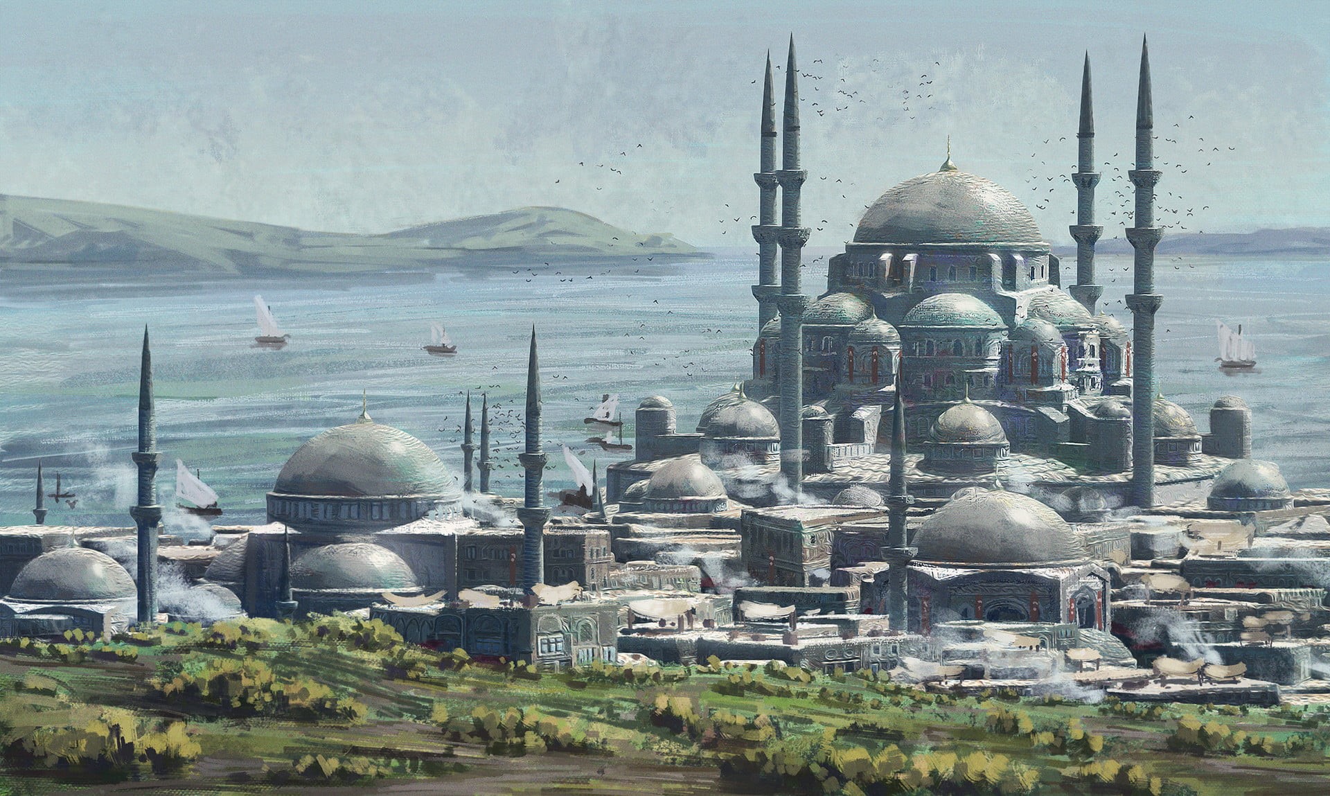 Istanbul, outdoors, concept art, religion, building exterior, water, day, place of worship, Ottoman, building, tower, spirituality, aggression, built structure, HD Wallpaper