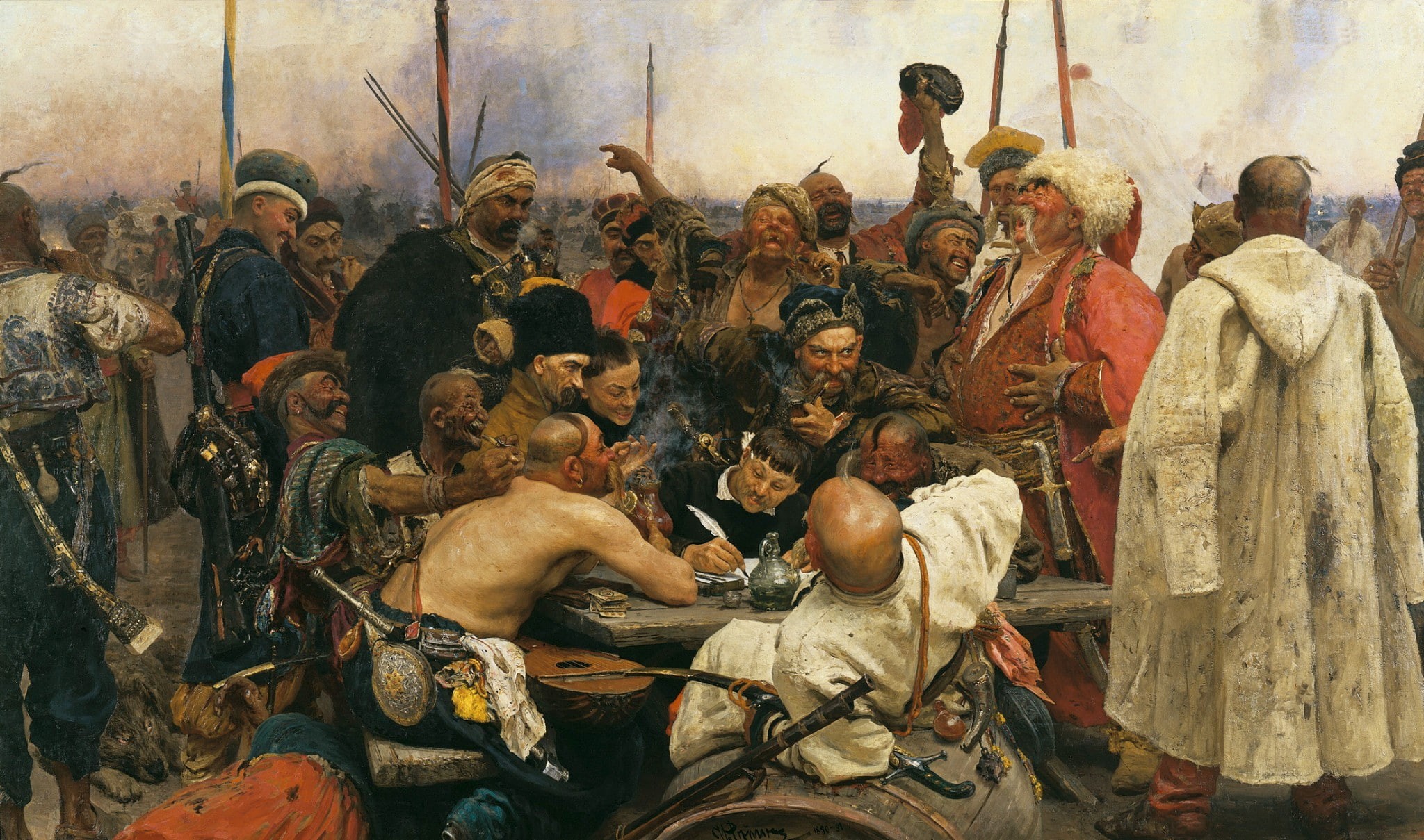 llya Repin, cossacs, Reply of the Zaporozhian Cossacks to Sultan Mehmed IV of the Ottoman Empire, classic art, 1080P, HD Wallpaper