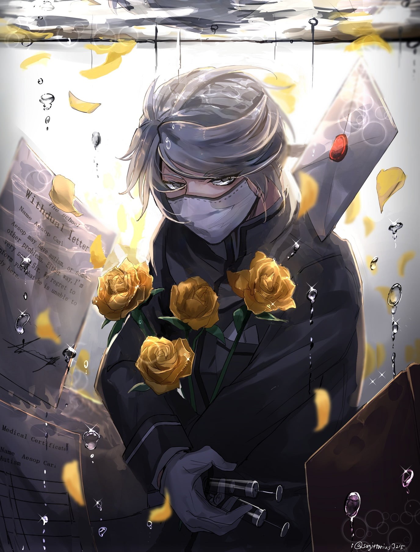 bubbles, white hair, Aesop Carl, hugging, petals, roses, letter, anime, Identity V, syringe, water, underwater, yellow flowers, 720P, Male, Phone HD Wallpaper