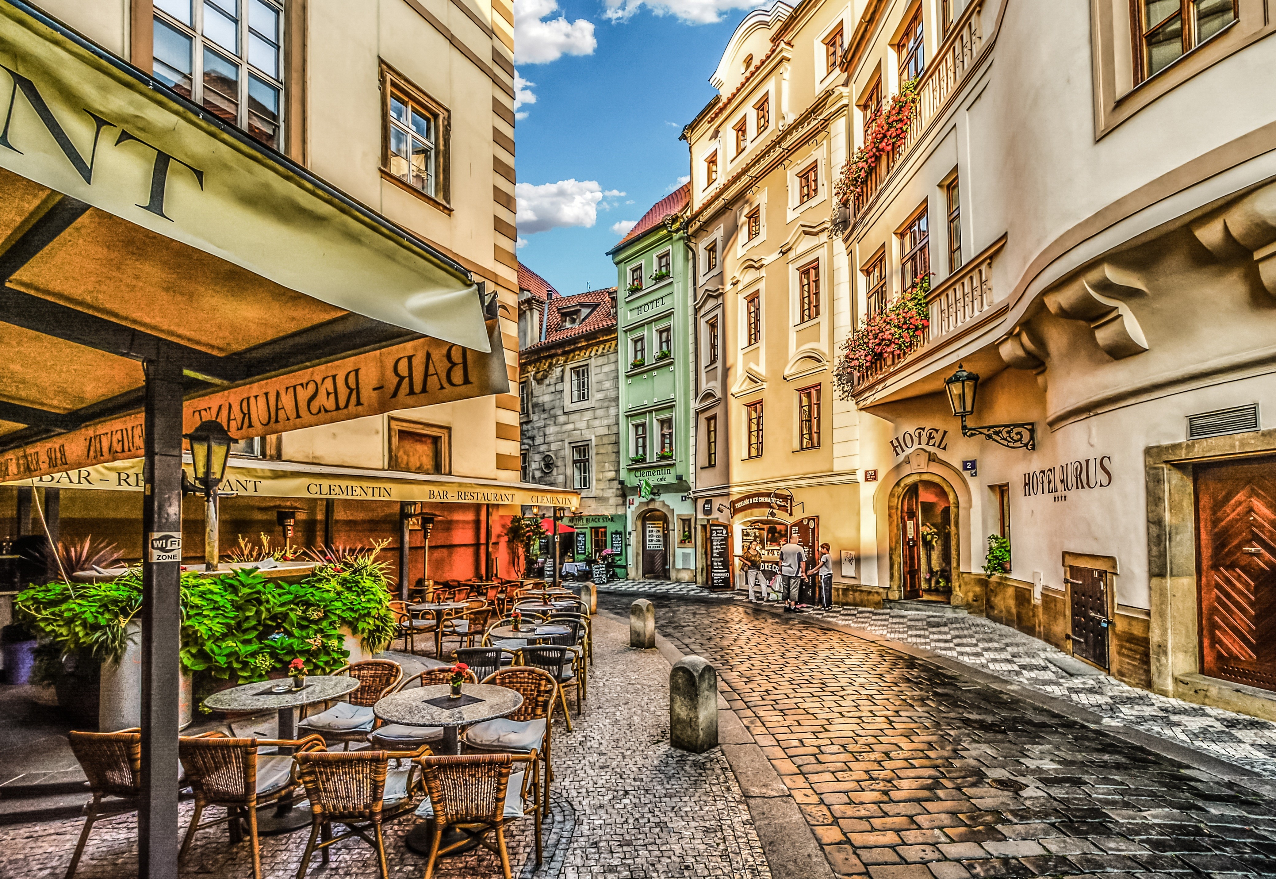 bohemia, sky, building exterior, brown, 4K, cobblestone, vacation, holiday, architecture, illustration, travel, prague, sidewalk cafe, tourism, chair, HD Wallpaper