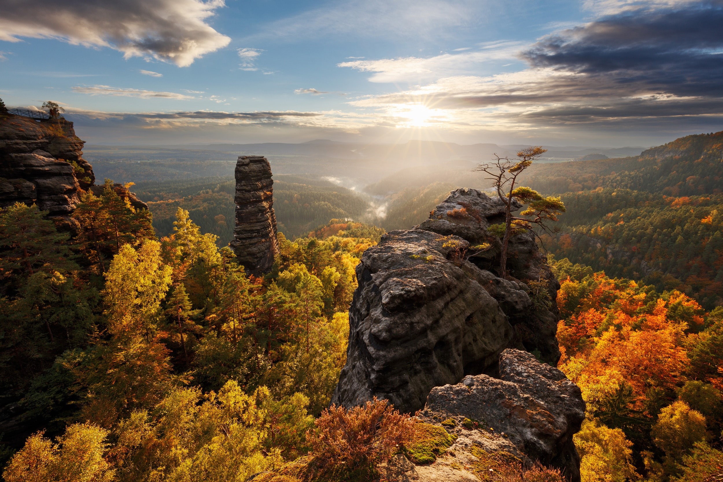 Earth, Bohemia, Sun, Cliff, Forest, Czech Republic, Nature, 1080P, Fall, Sunshine, Landscape, HD Wallpaper