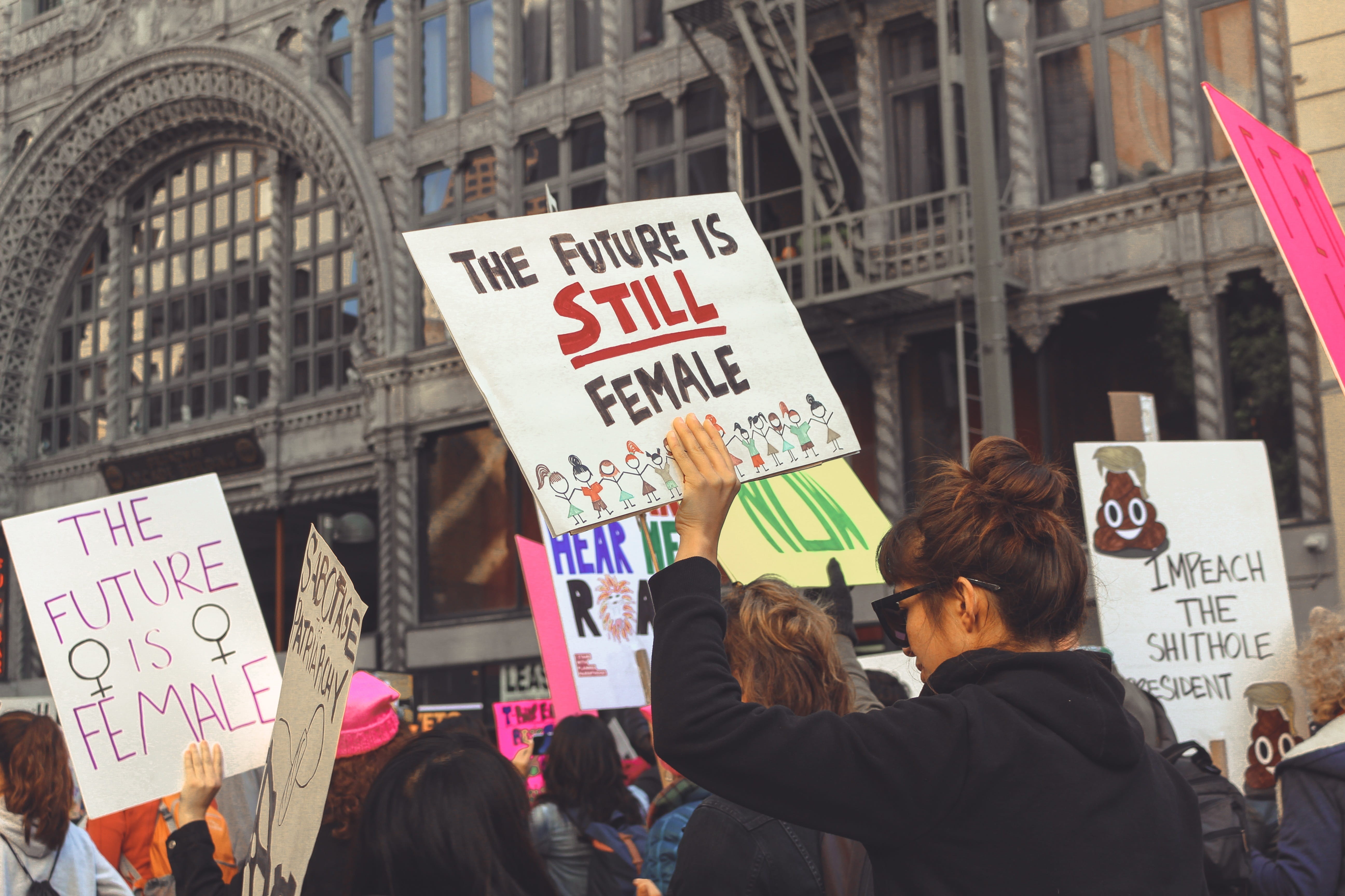 womens march, text, mother, female, feminist feminism, information, paper, group of people, poster, placard, pink, message, 5K, building exterior, protestor, HD Wallpaper