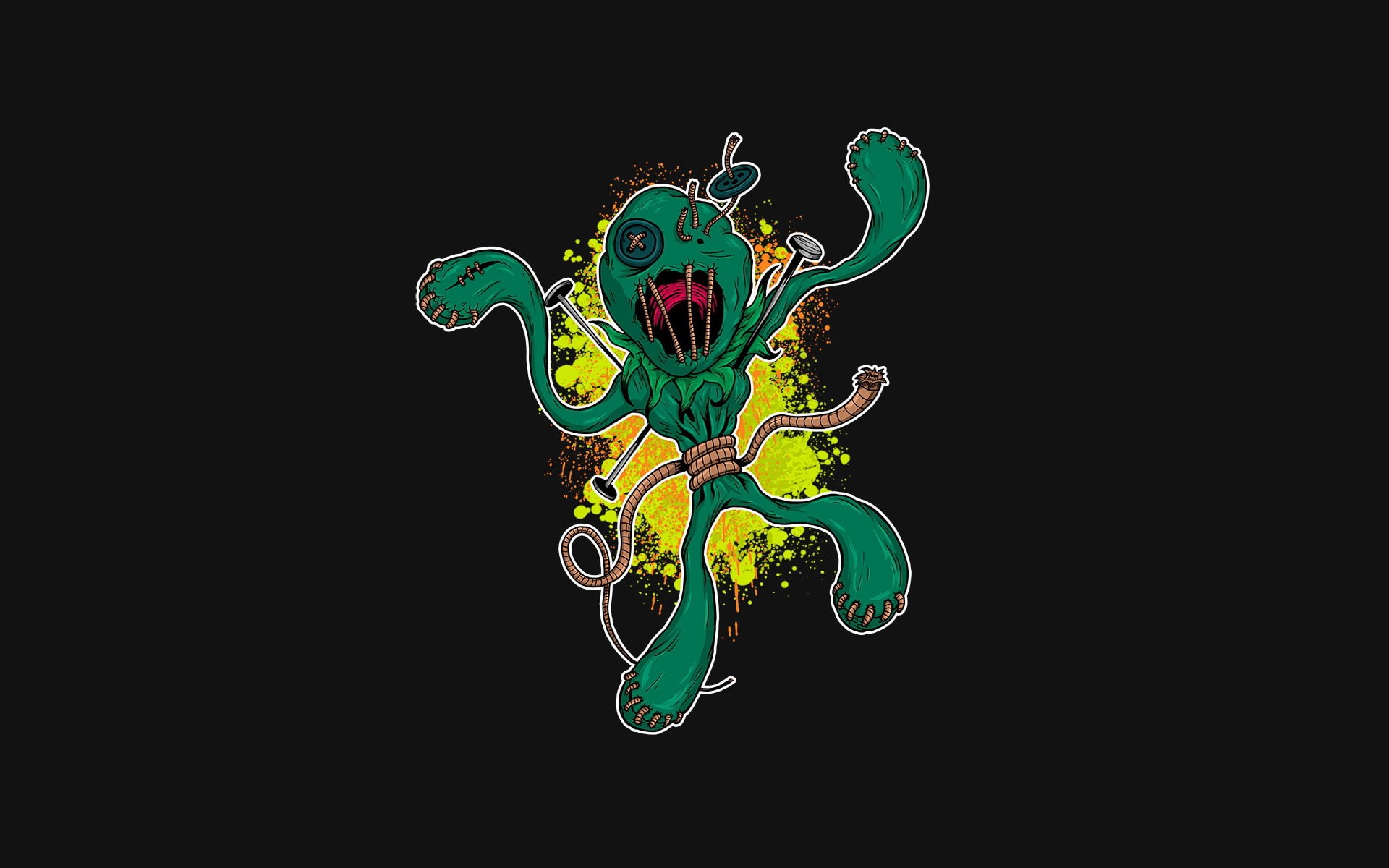grey background, 1080P, figure, buttons, the voodoo doll, nails, monster, doll, rag, rope, print, being, HD Wallpaper