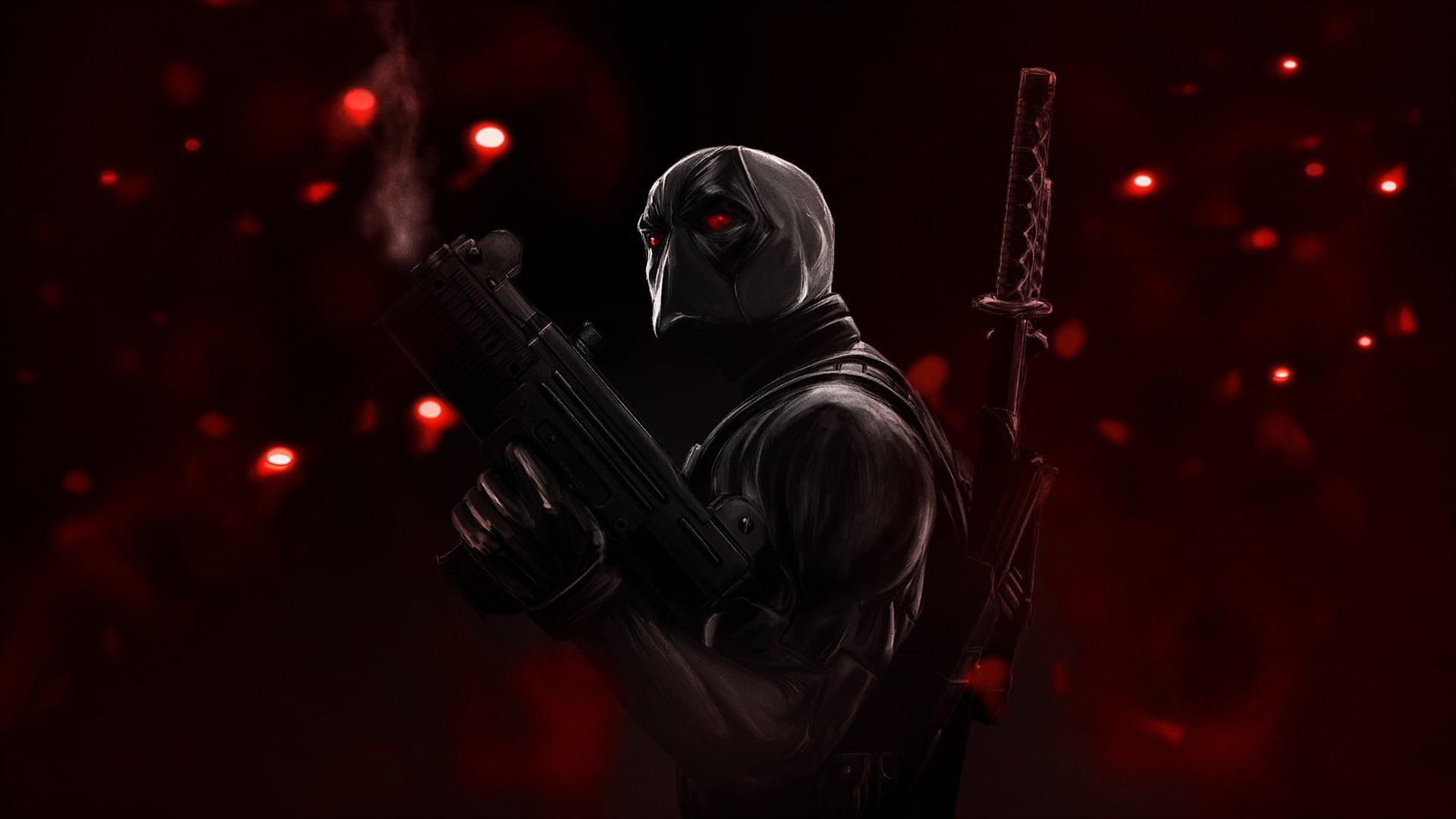 character, weapon, waist up, unrecognizable person, security, one person, holding, safety, illuminated, clothing, belief, 1080P, mask, Deadpool, concept art, HD Wallpaper