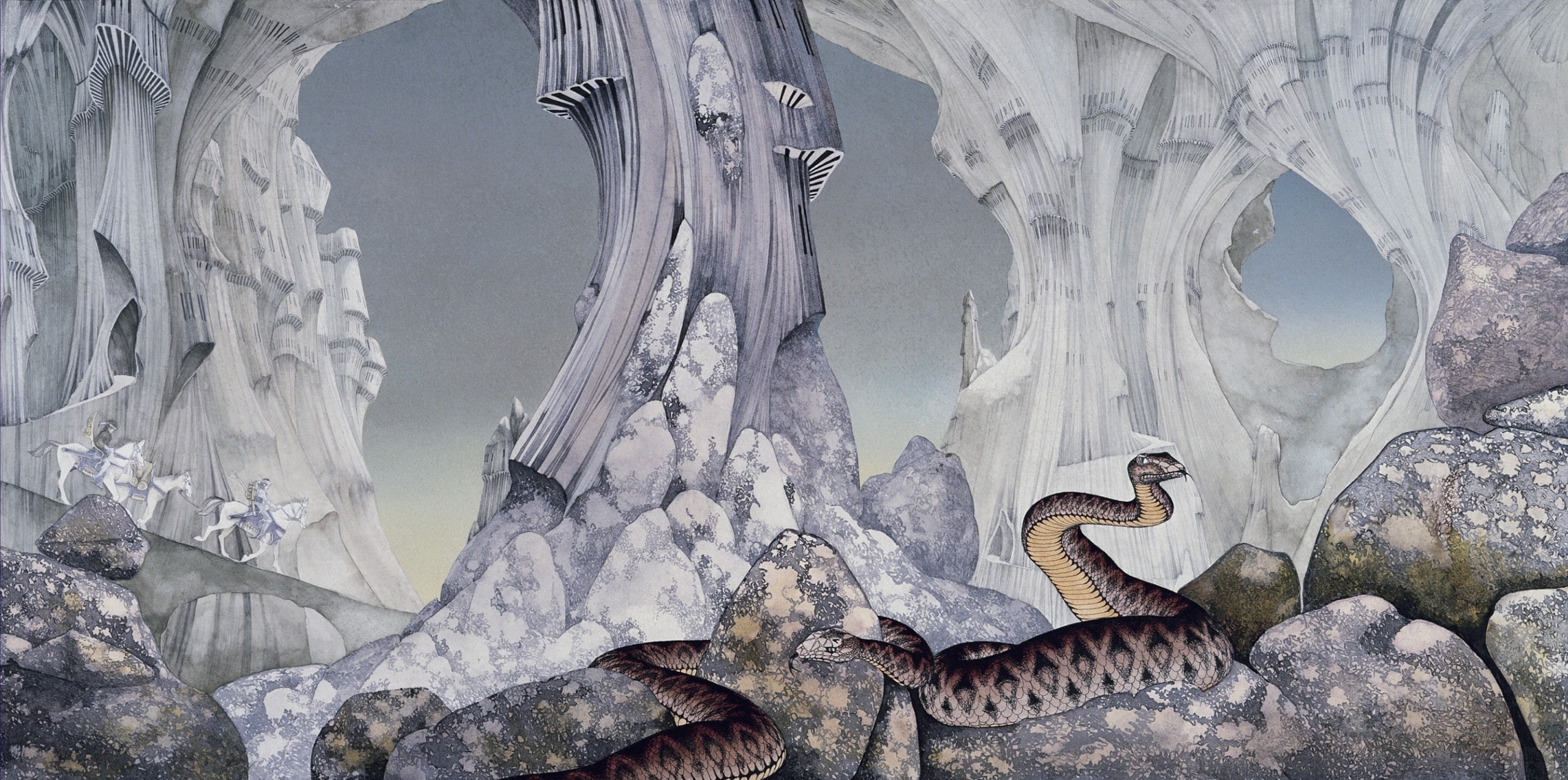 2K, digital art artwork drawing animals roger dean snake cobra rock stones horse riding yes, HD Wallpaper
